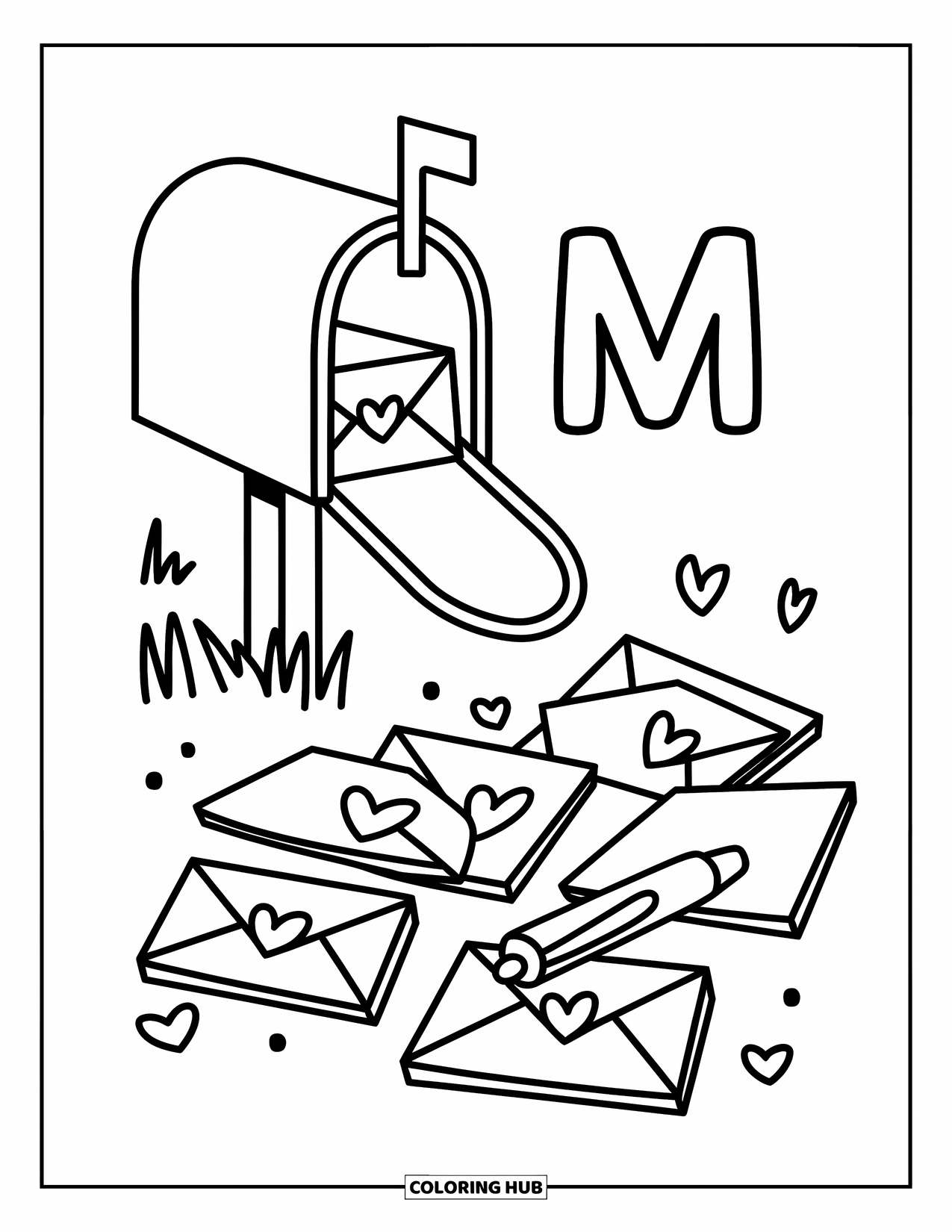 Letter M Coloring Page for Adults: Mail envelopes and a chunky marker lie beside M and a little mailbox