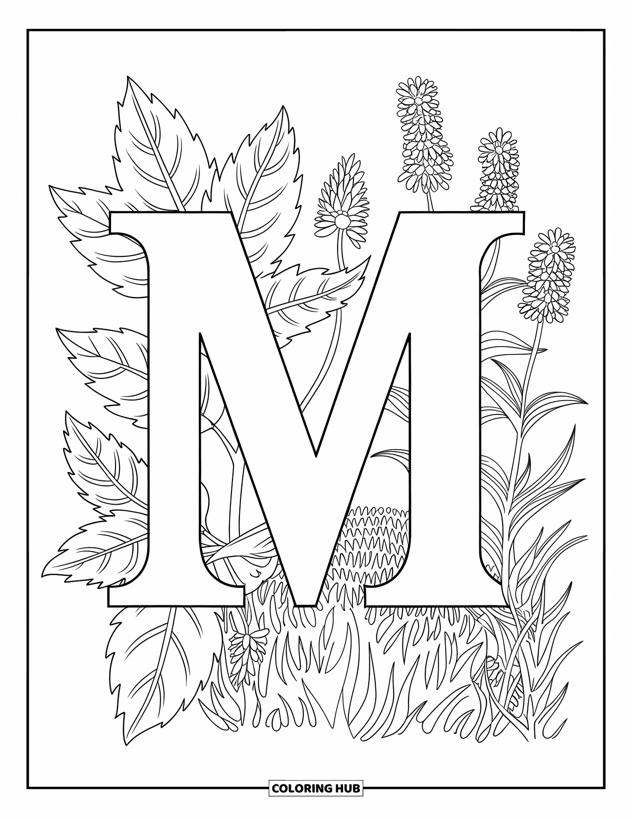 Letter M Coloring Page for Adults: Meadow flowers, mint leaves, and marjoram fill the page around a bold letter M