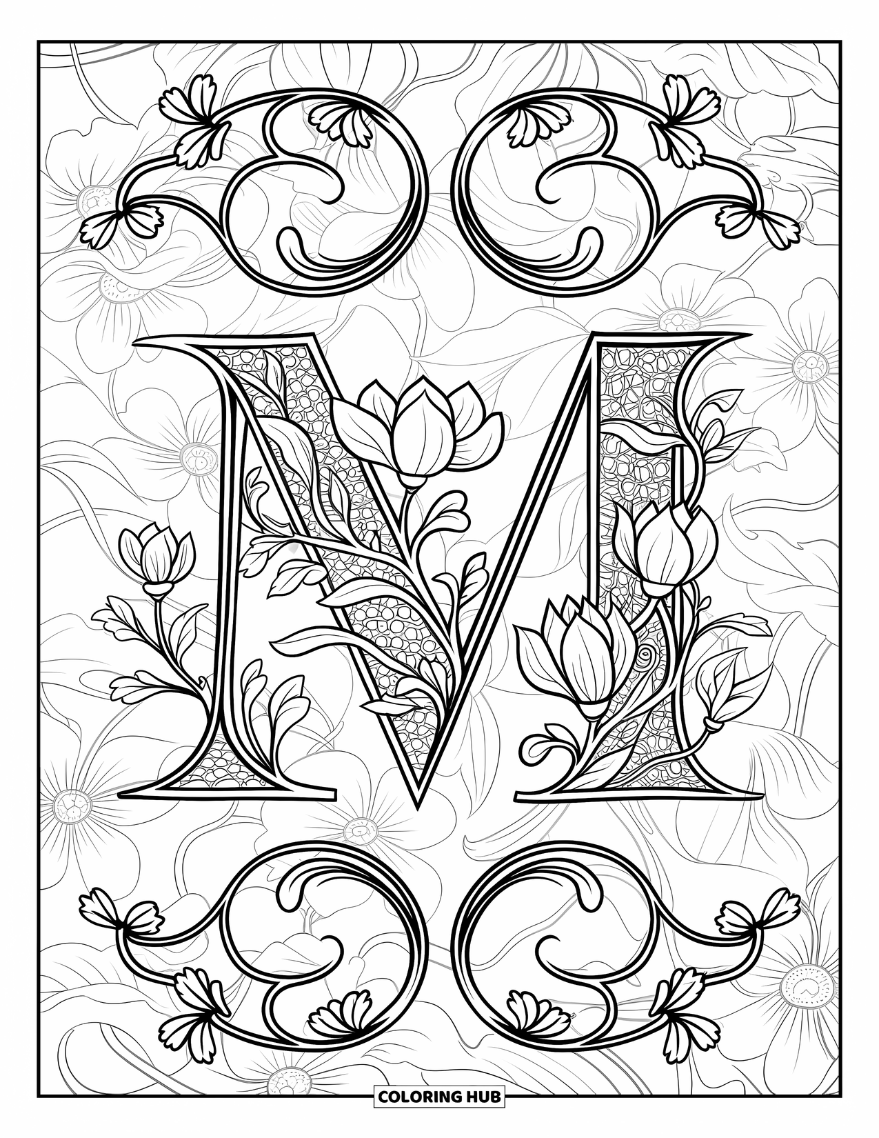 Letter M Coloring Page for Adults: Swirling vines and magnolia blossoms create a mirrored, floral letter M