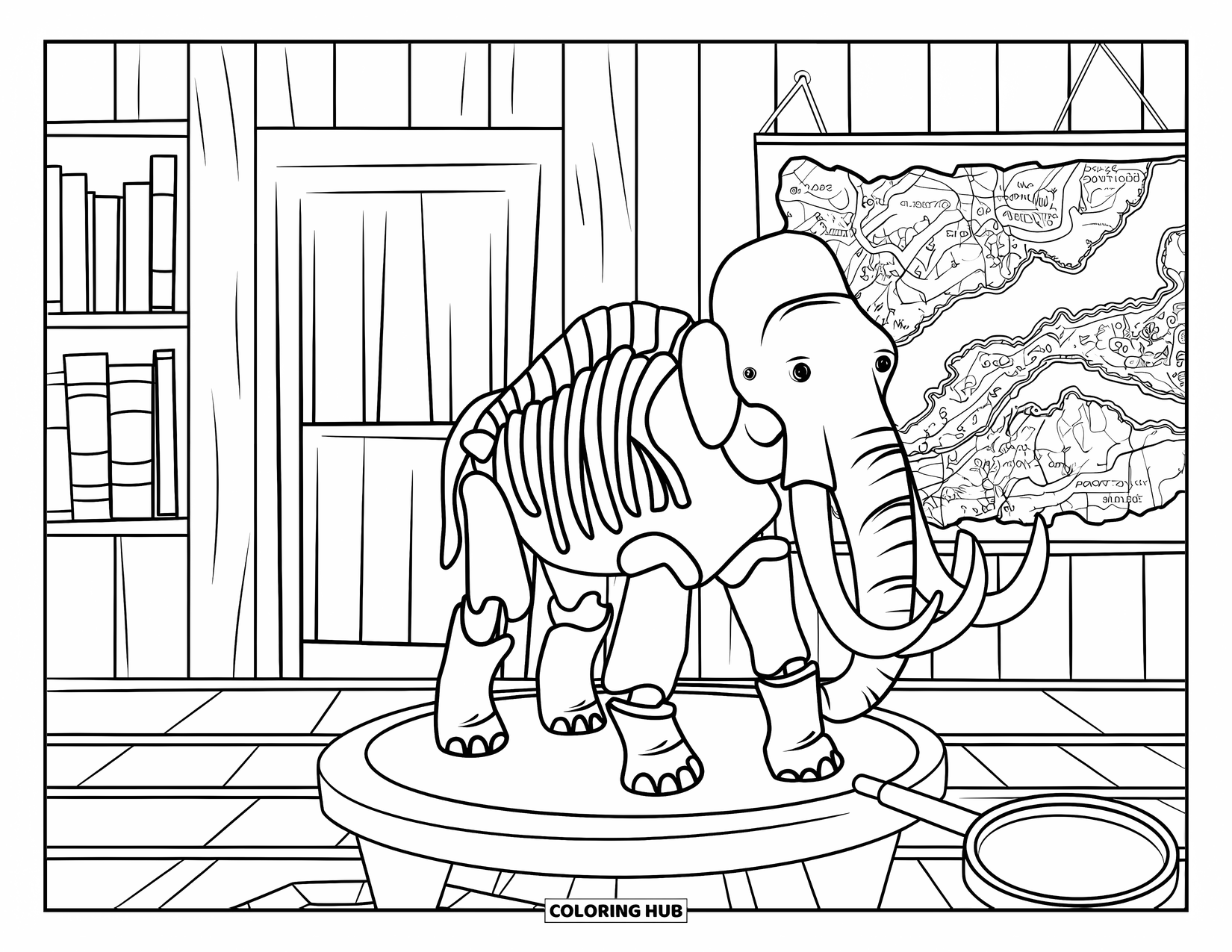 Letter M Coloring Page for Kids: A cozy museum room shows a mammoth fossil, a map, and a magnifying glass