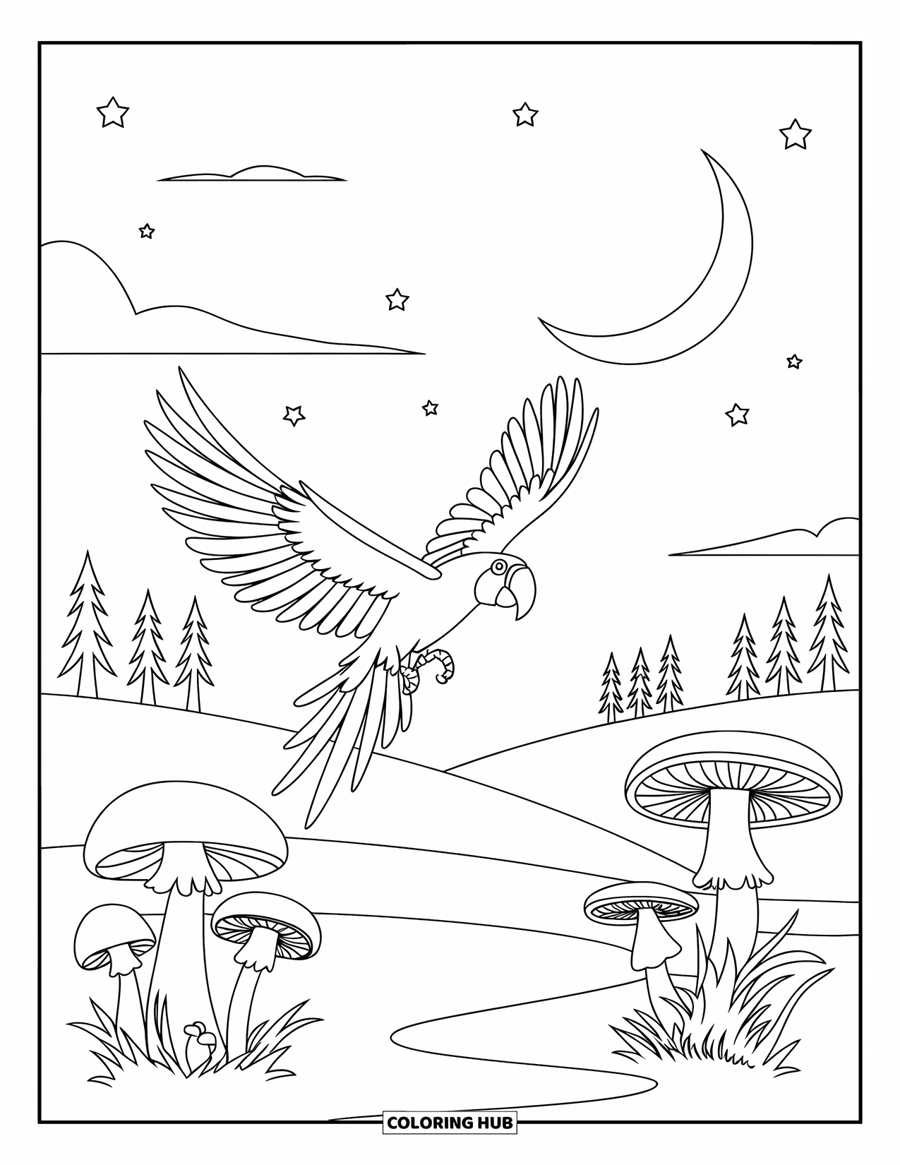 Letter M Coloring Page for Kids: A macaw flies across a starry night sky above mushrooms and trees