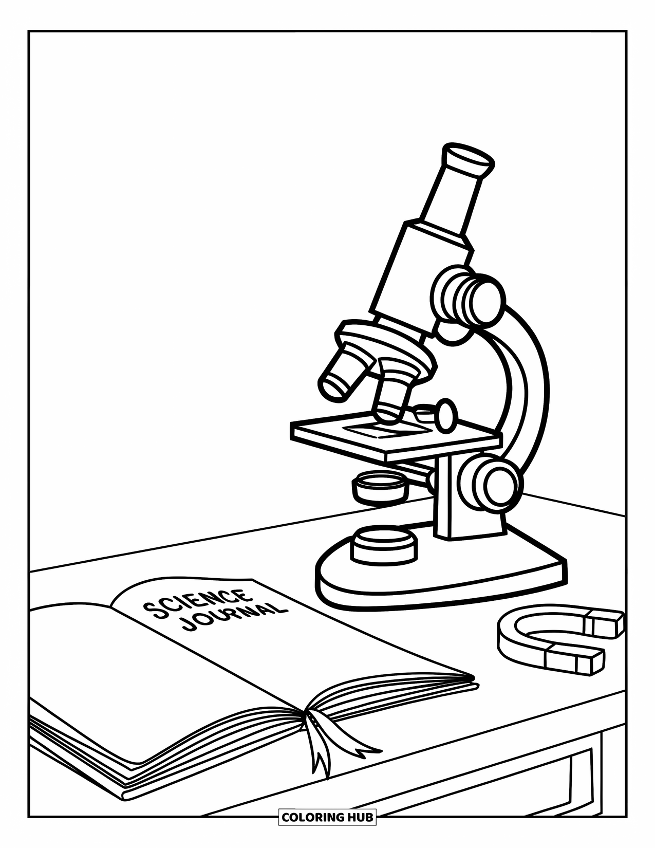 Letter M Coloring Page for Kids: A microscope rests beside an open journal and a magnet on a desk