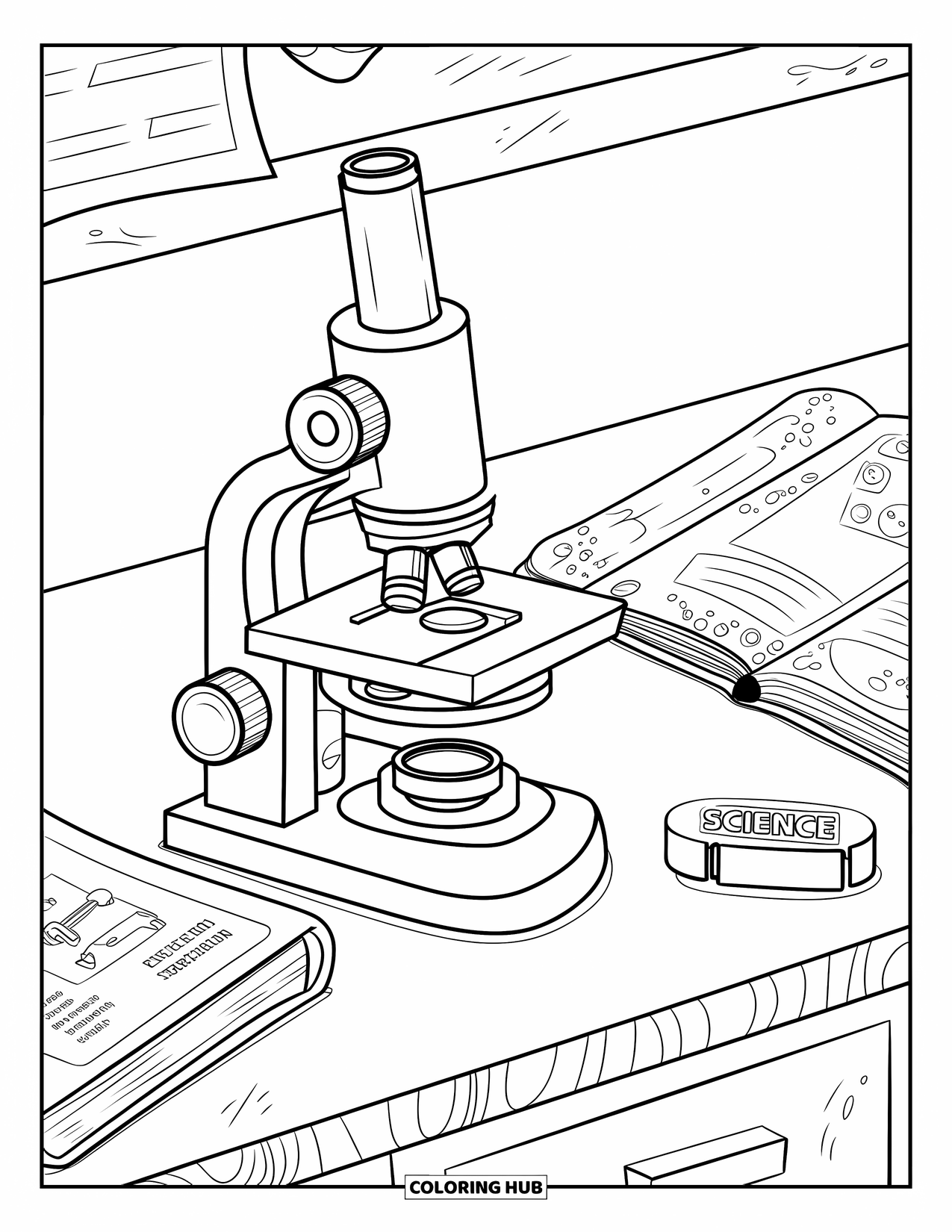 Letter M Coloring Page for Kids: A microscope stands beside a journal and magnet labeled "Science" on a wooden desk