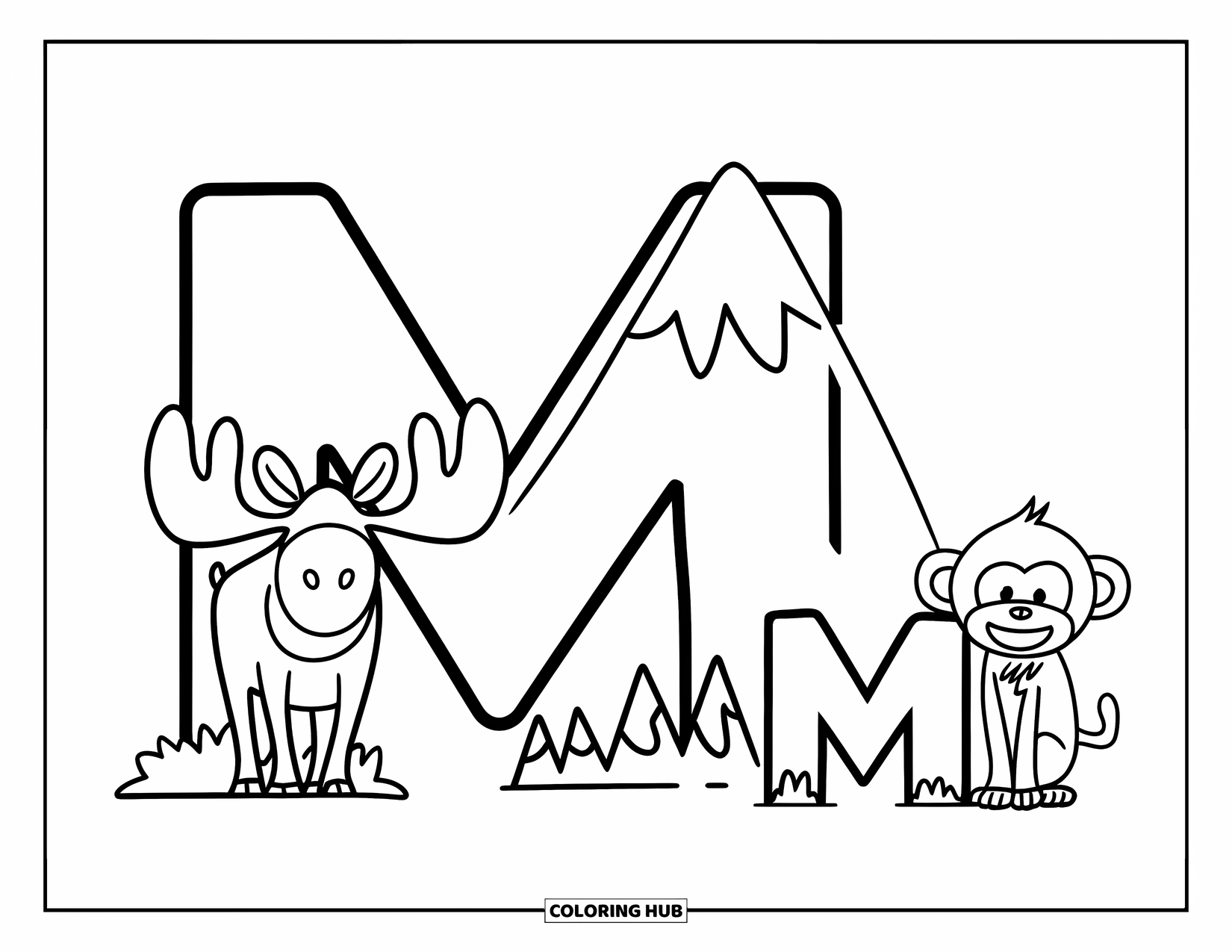 Letter M Coloring Page for Kids: A moose and monkey play beside large M and small m with a mountain view