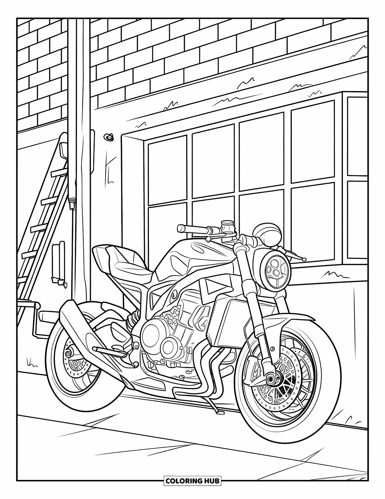 Letter M Coloring Page for Kids: A motorcycle stands near a mechanic's shop with tools and a brick wall
