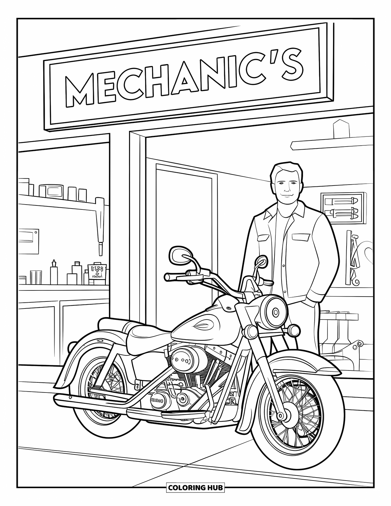 Letter M Coloring Page for Kids: A motorcycle with a sidecar is parked near a shop filled with tools