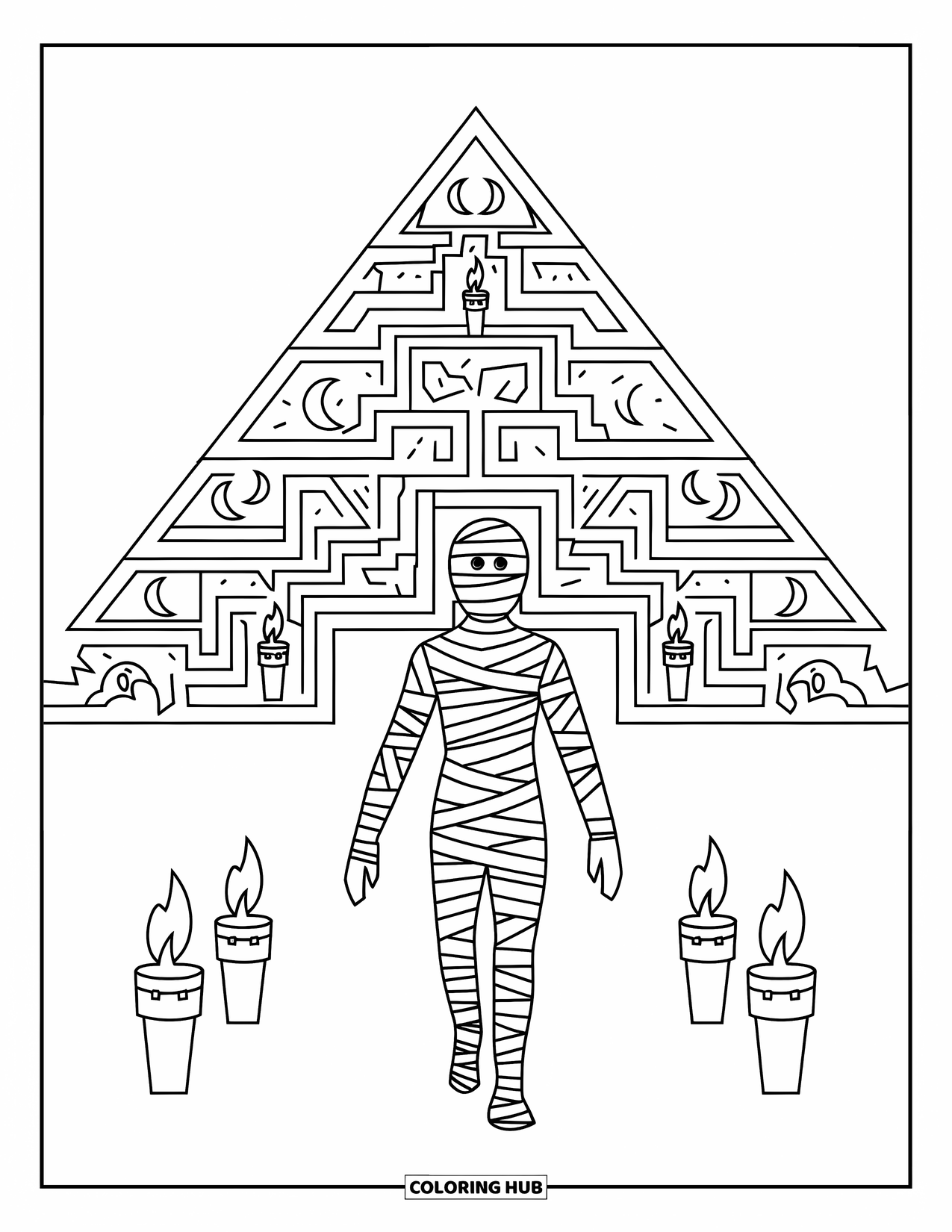 Letter M Coloring Page for Kids: A mummy walks through a torch-lit maze filled with moon symbols