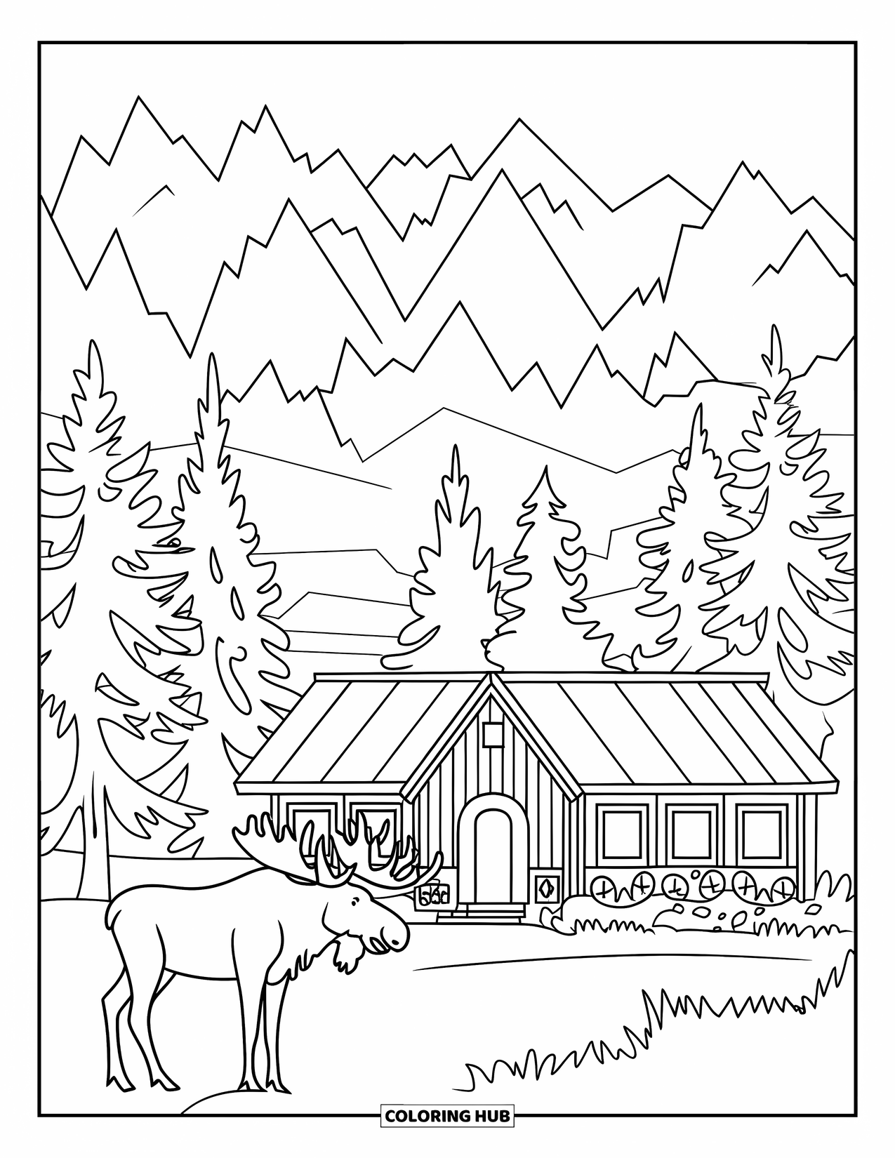 Letter M Coloring Page for Kids: A peaceful moose stands near a cabin beneath misty mountain peaks