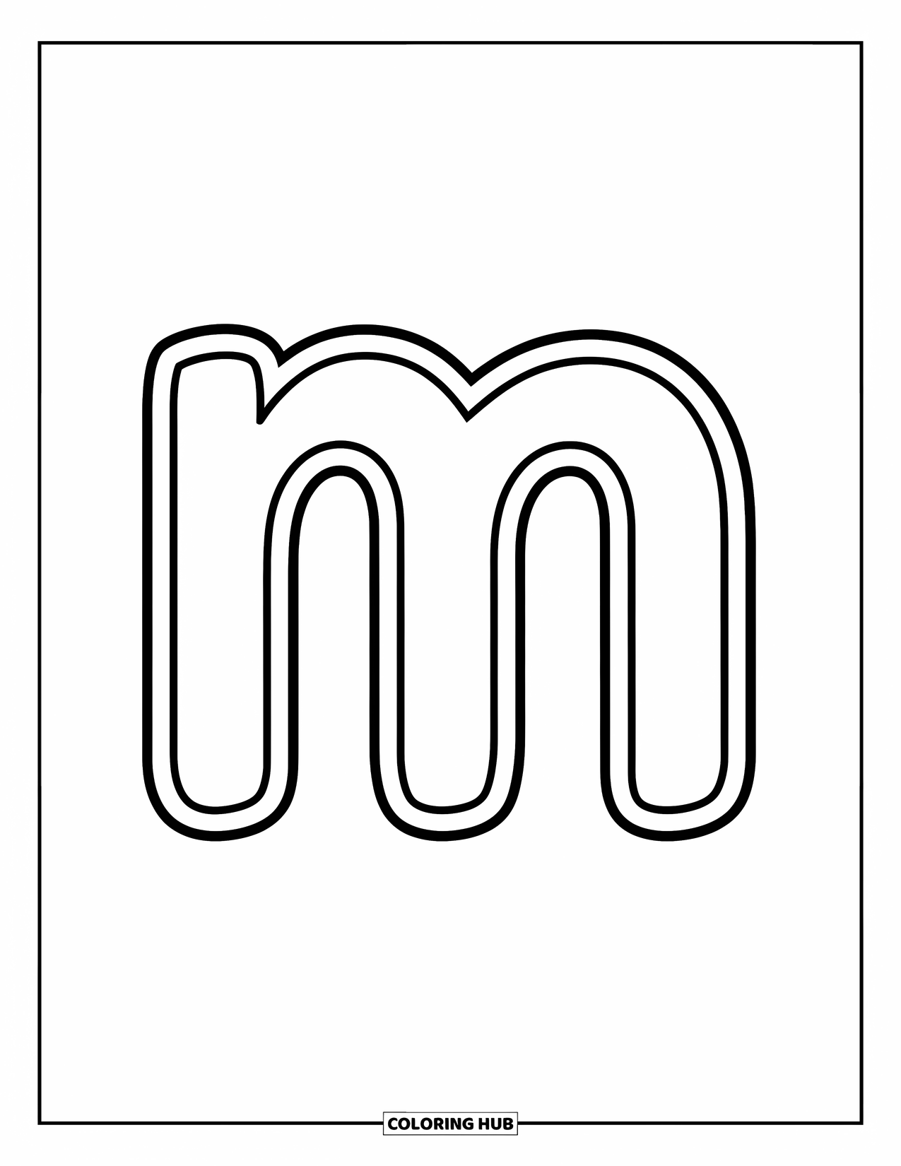 Letter M Coloring Page for Kids: A playful lowercase m sits in the center, ready to color