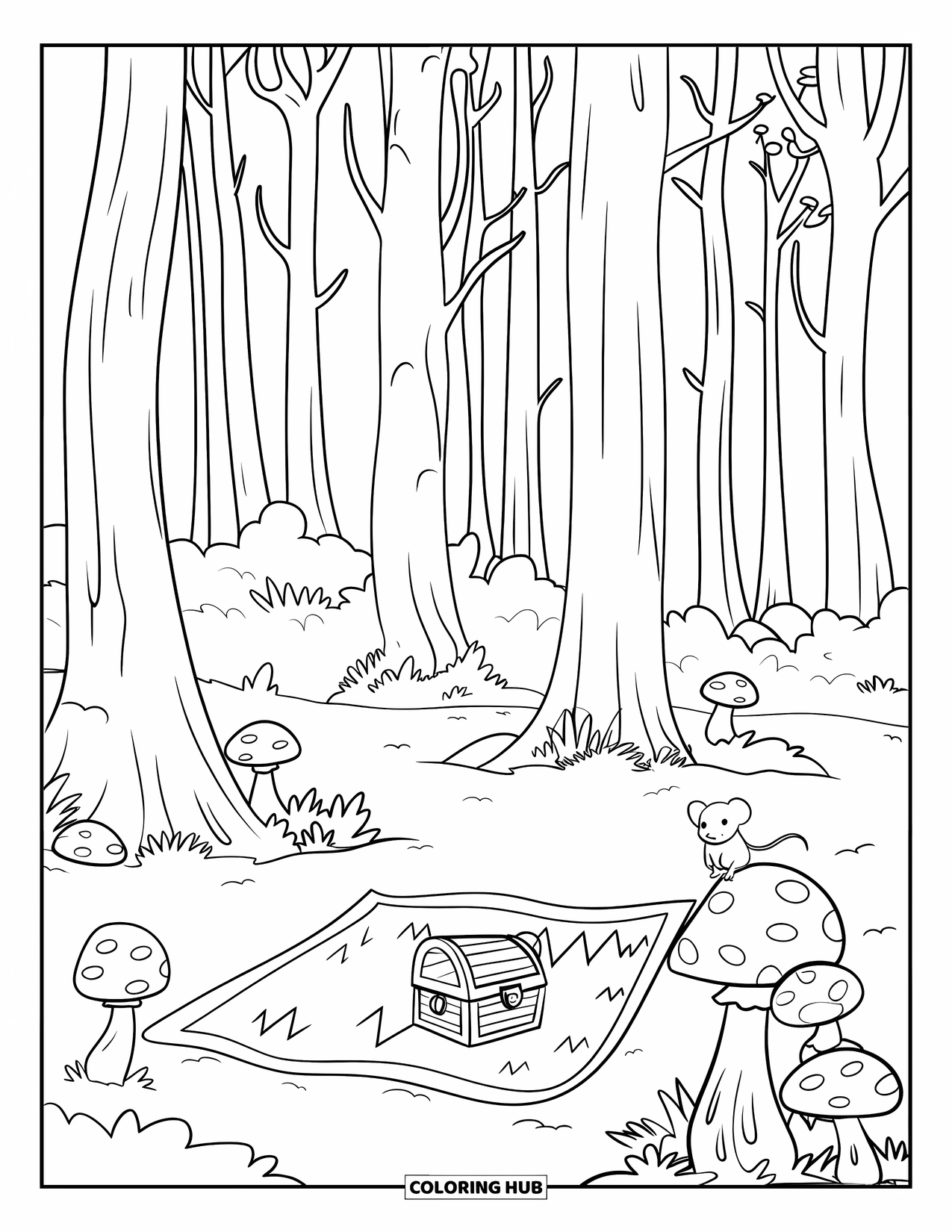 Letter M Coloring Page for Kids: A small mouse on a mushroom studies a treasure map under tall trees