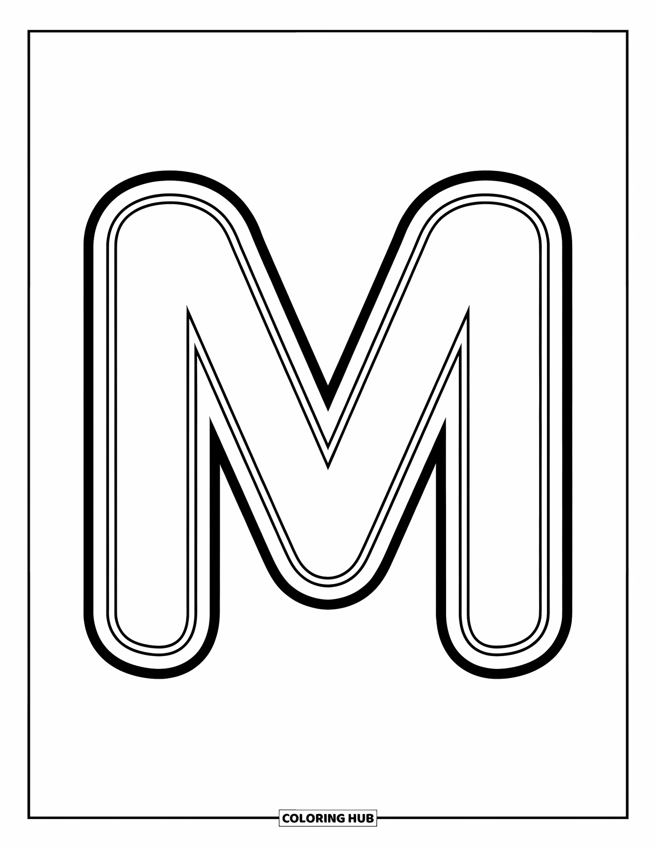 Letter M Coloring Page for Kids: A thick, playful letter M is ready for little artists