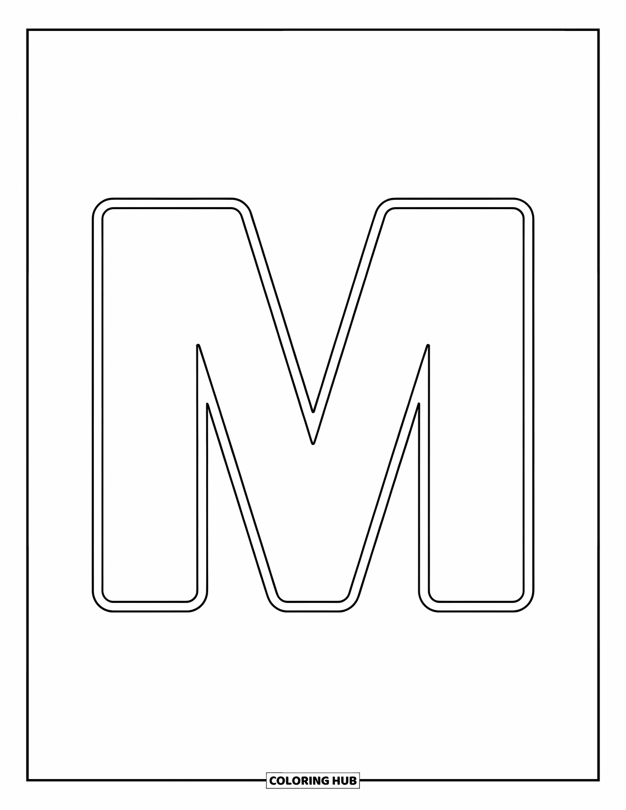 Letter M Coloring Page for Kids: Big bold M is centered and full of coloring space
