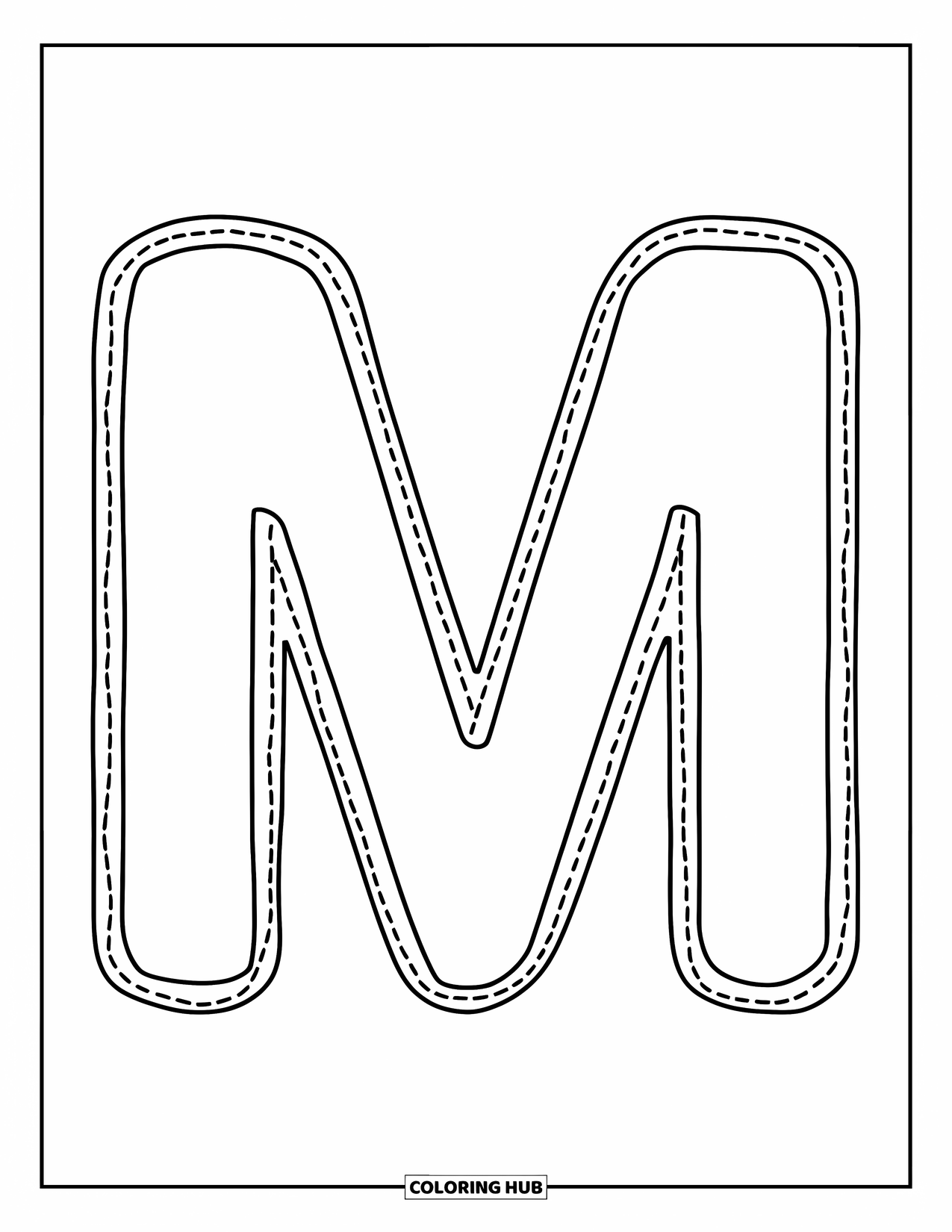 Letter M Coloring Page for Kids: Bold dotted M makes tracing easy for little learners