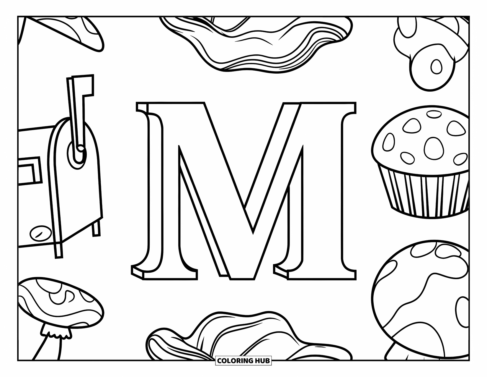 Letter M Coloring Page for Kids: Letters M and m sit with a muffin, mailbox, and a curious little mouse