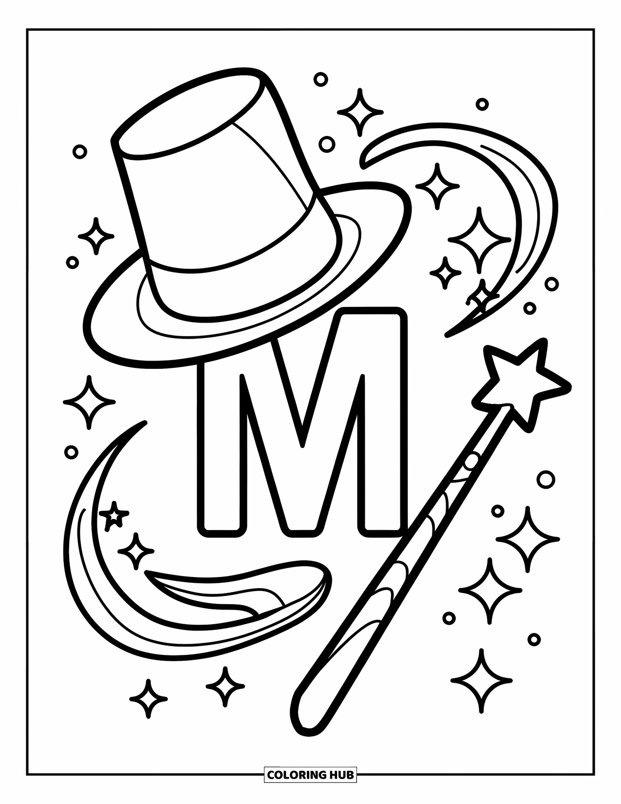 Letter M Coloring Page for Kids: M is surrounded by a magician's hat, wand, and sparkling magic swirls