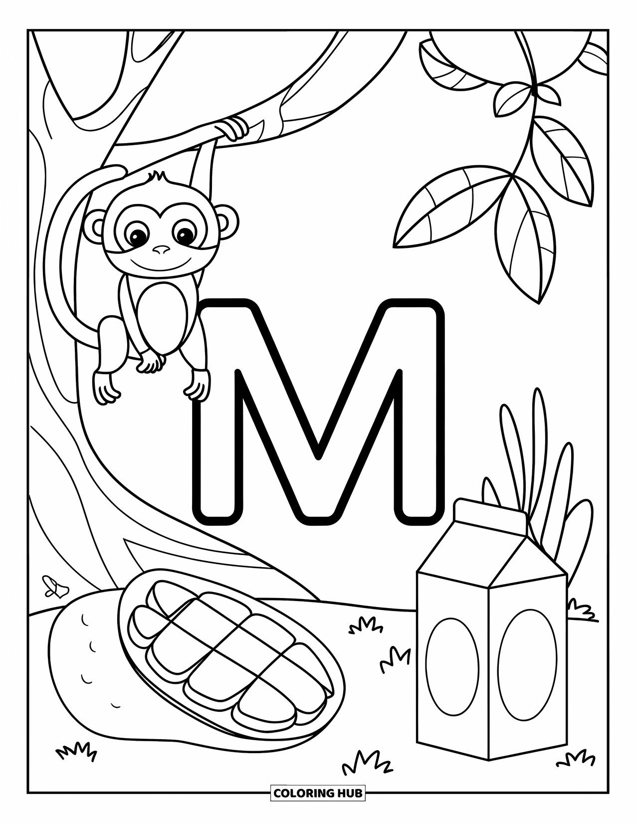 Letter M Coloring Page for Kids: M is surrounded by a monkey, mango slice, and milk carton on grass