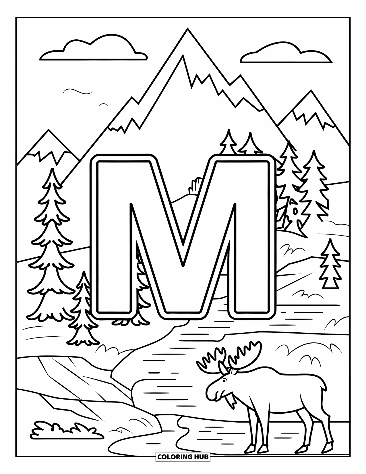 Letter M Coloring Page for Kids: M is surrounded by mountains, trees, and a moose near a quiet water scene