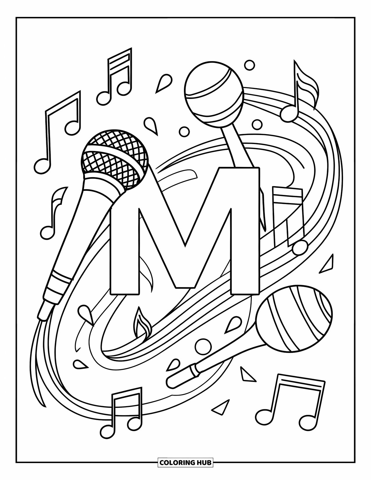 Letter M Coloring Page for Kids: M, music notes, and instruments create a lively musical scene