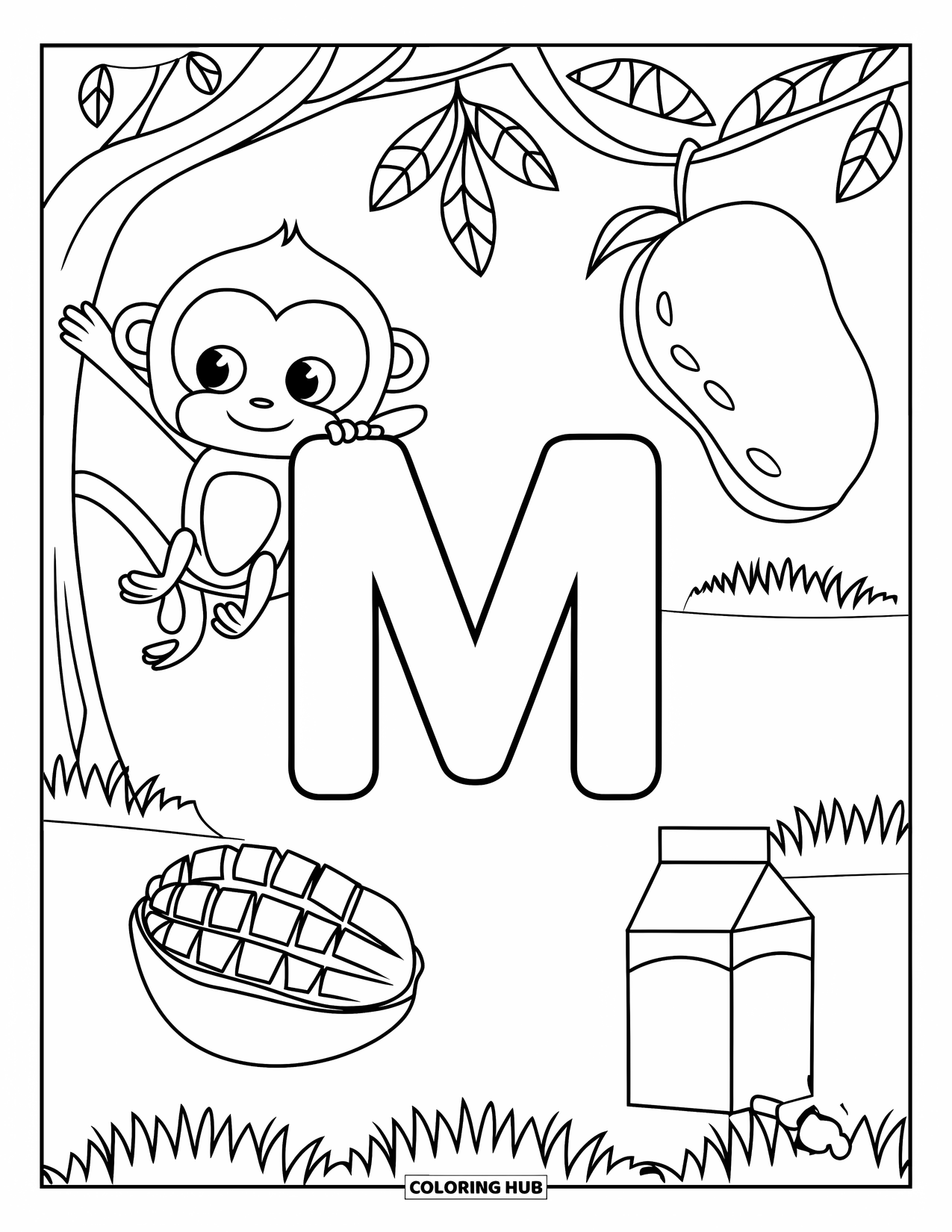 Letter M Coloring Page for Kids: M stands beside a monkey, a mango slice, and a milk carton