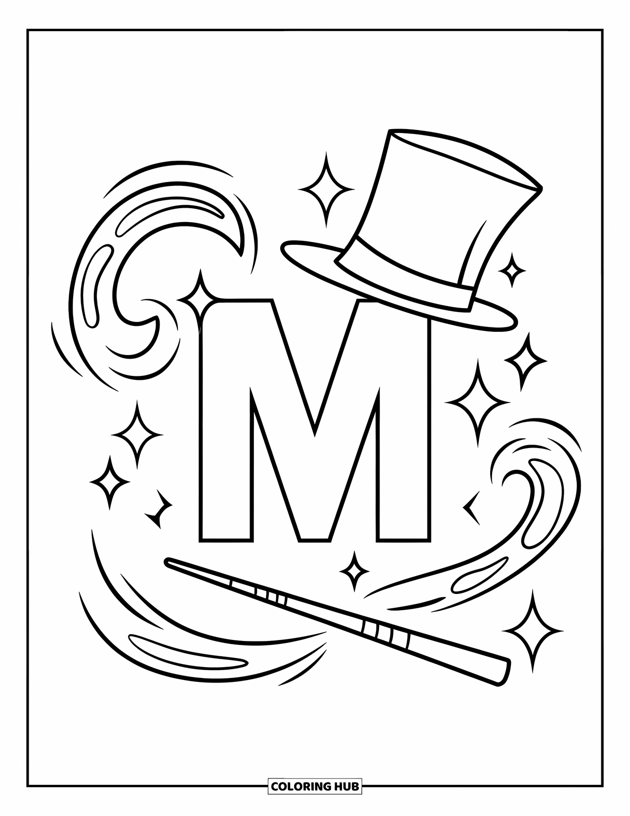 Letter M Coloring Page for Kids: M stands between a magician's wand, hat, and magical sparkles