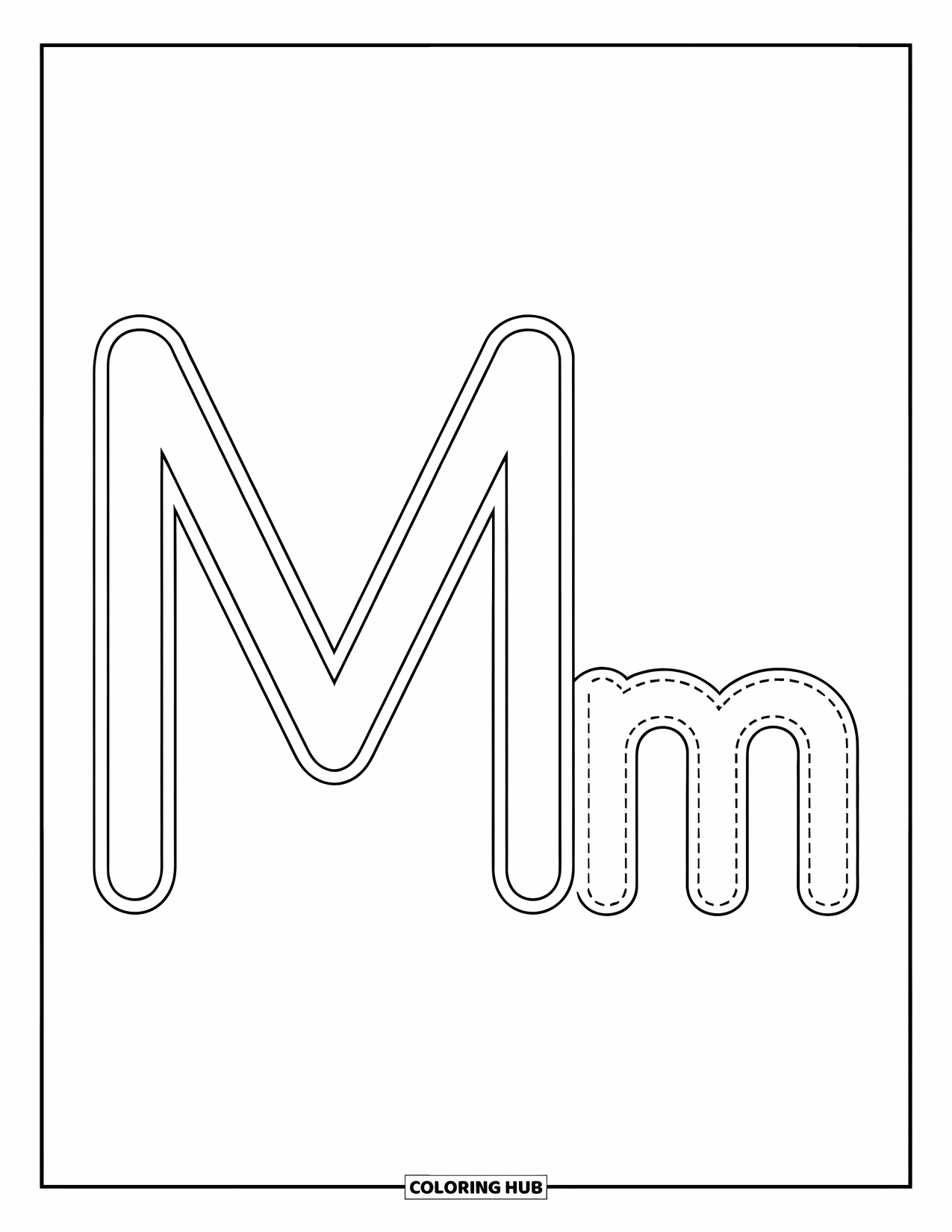 Letter M Coloring Page for Kids: Preschoolers can trace big M and small m with dotted lines