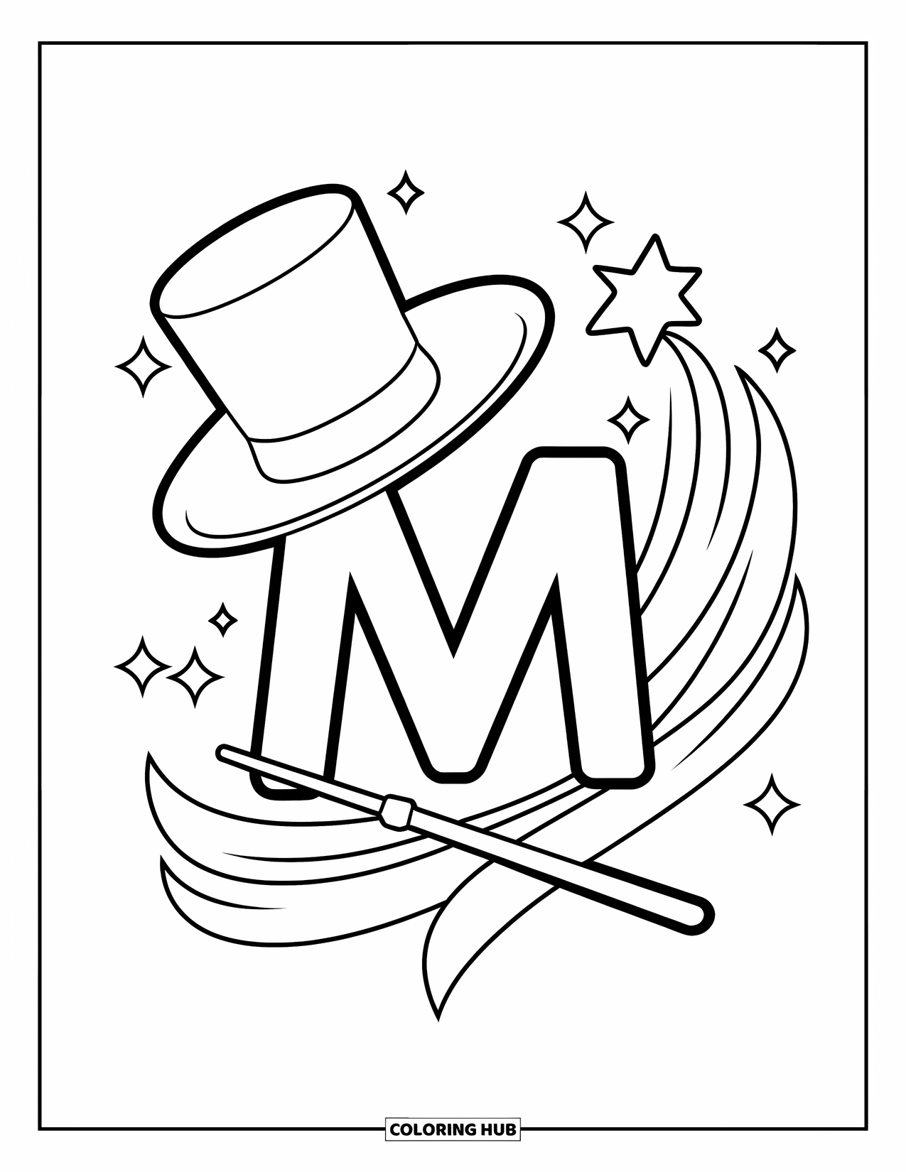 Letter M Coloring Page for Kids: The letter M glows with a magician's hat, wand, and sparkles