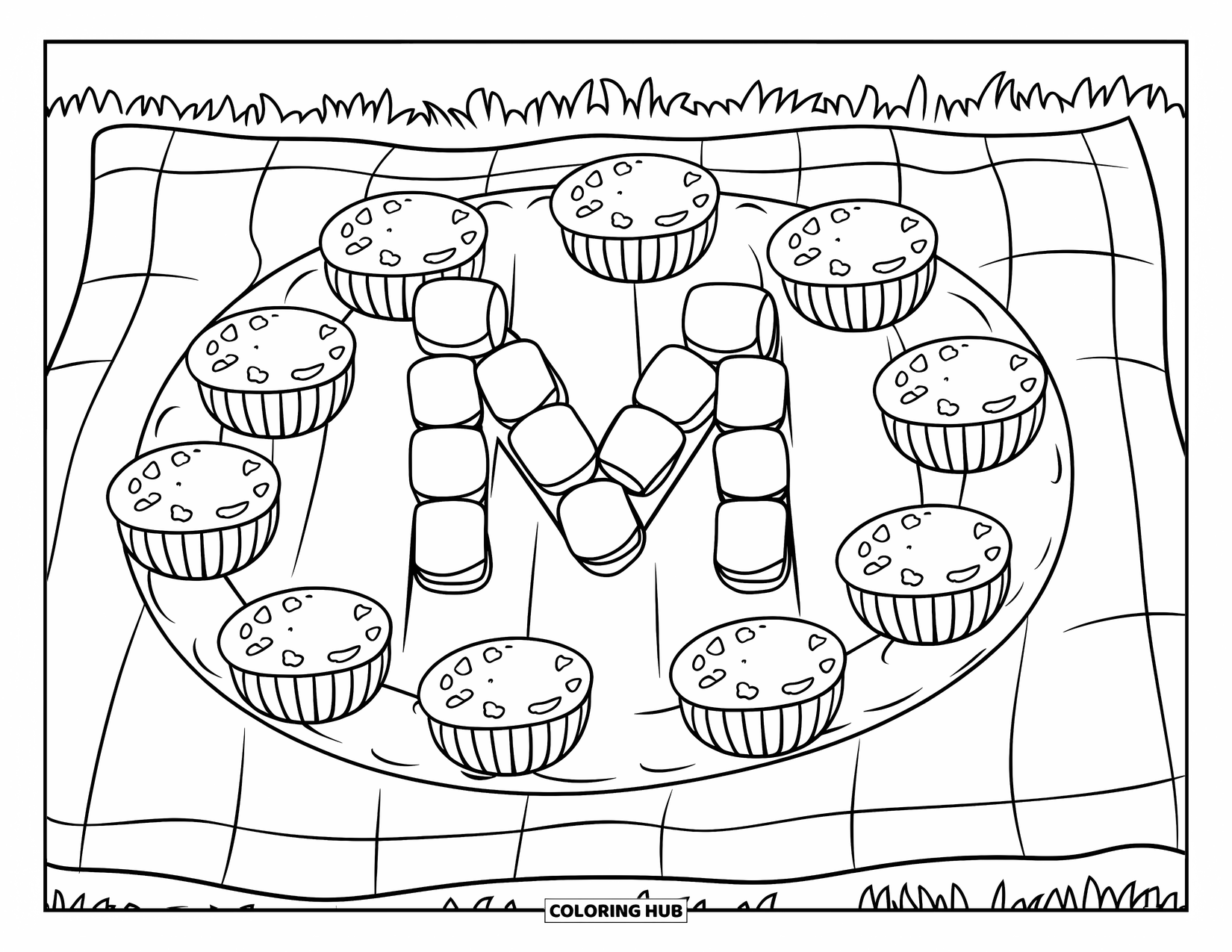 Letter M Coloring Page for Kids: The letter M sits on a blanket with marshmallows, muffins, and mango slices