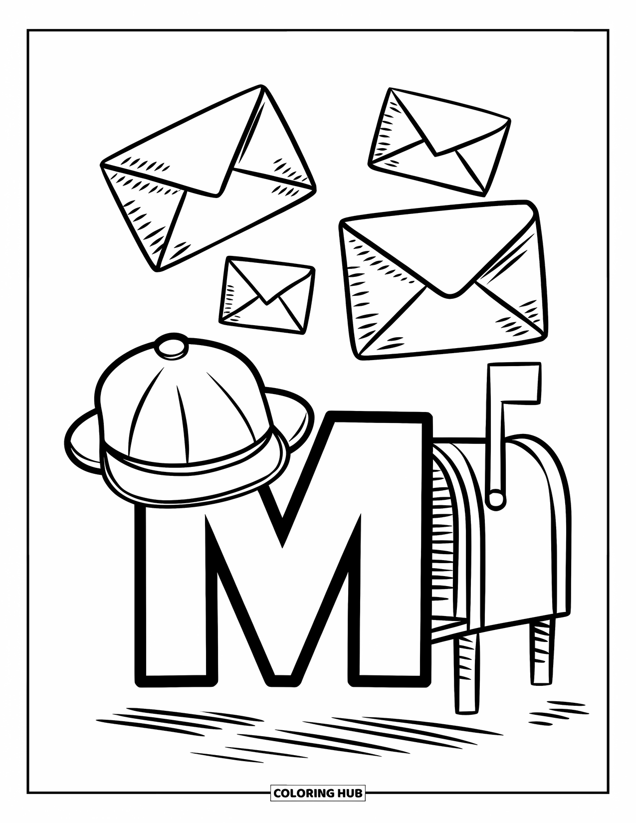Letter M Coloring Page for Kids: The letter M wears a mailman's hat with flying envelopes and a nearby mailbox