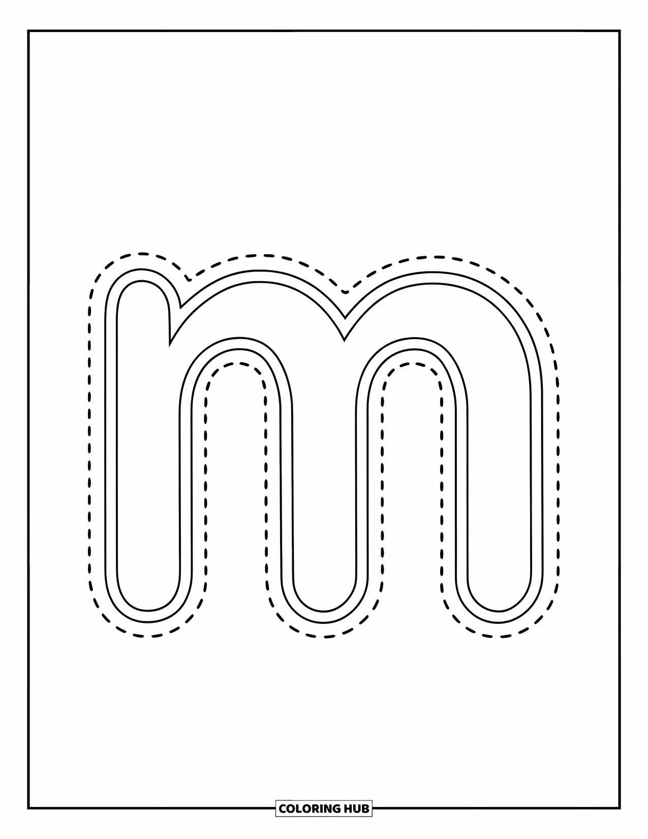 Letter M Coloring Page for Kids: Traceable lowercase letter m helps preschoolers practice writing