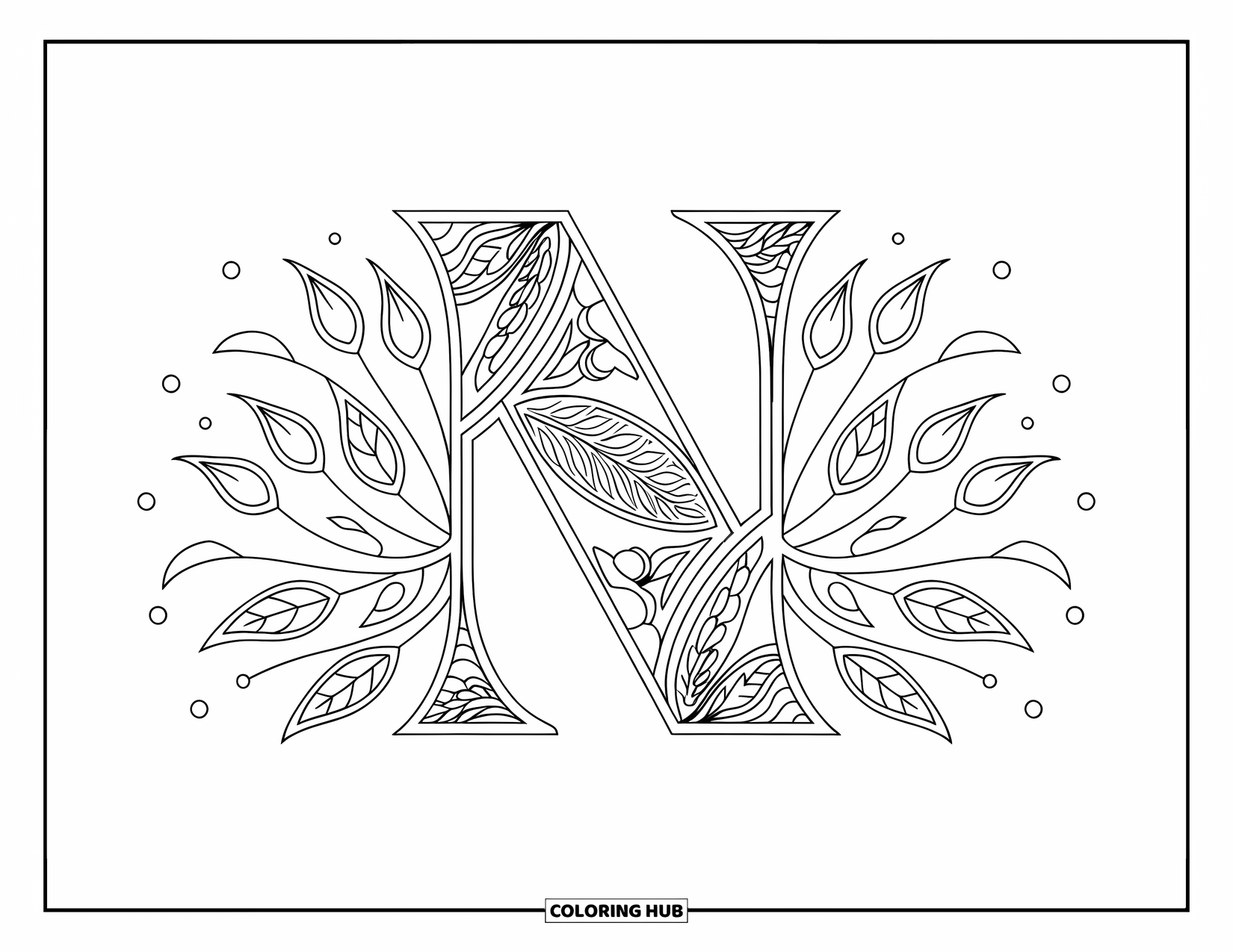 Letter N Coloring Page for Adults: A bold N sits at the center of swirling paisleys, buds, and leafy patterns