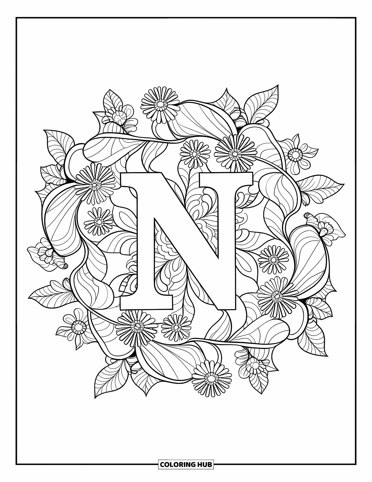 Letter N Coloring Page for Adults: A botanical mandala of flowers and leaves frames a bold central N