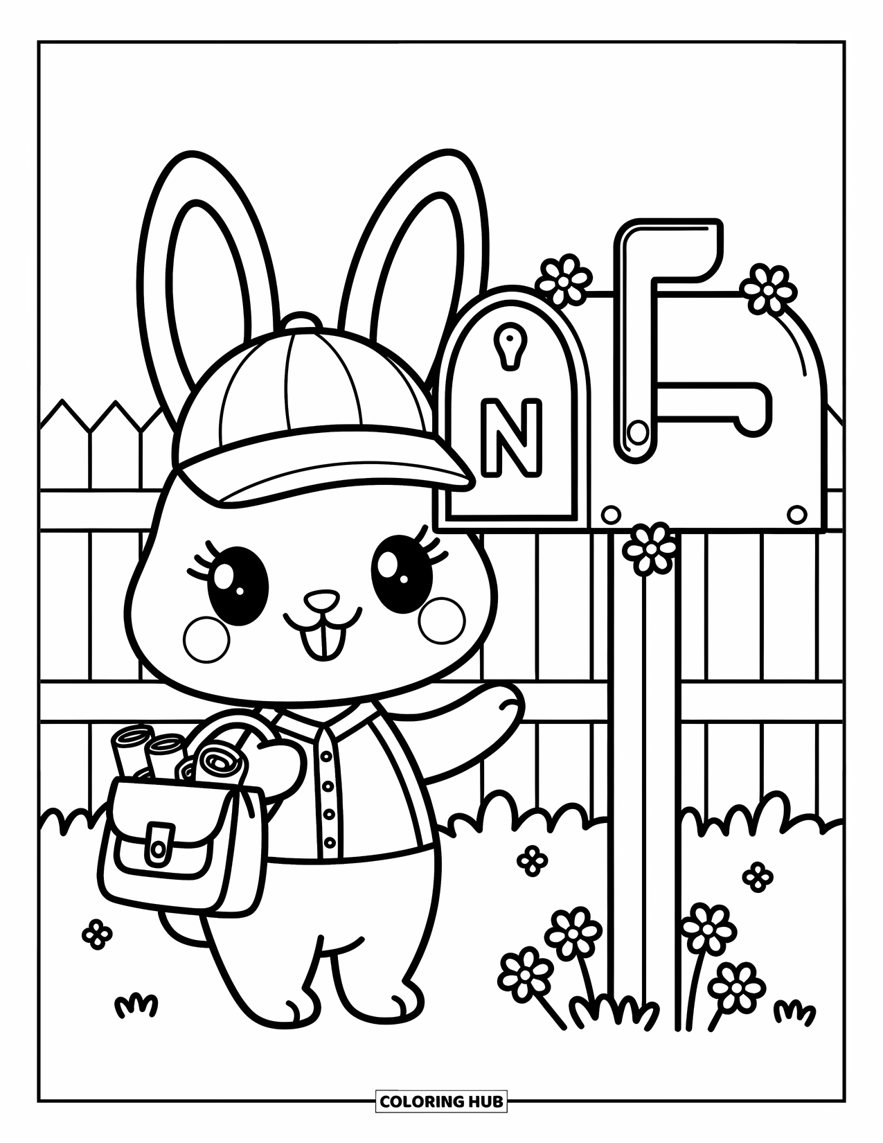 Letter N Coloring Page for Adults: A bunny holding newspapers stands by a floral mailbox with the letter N