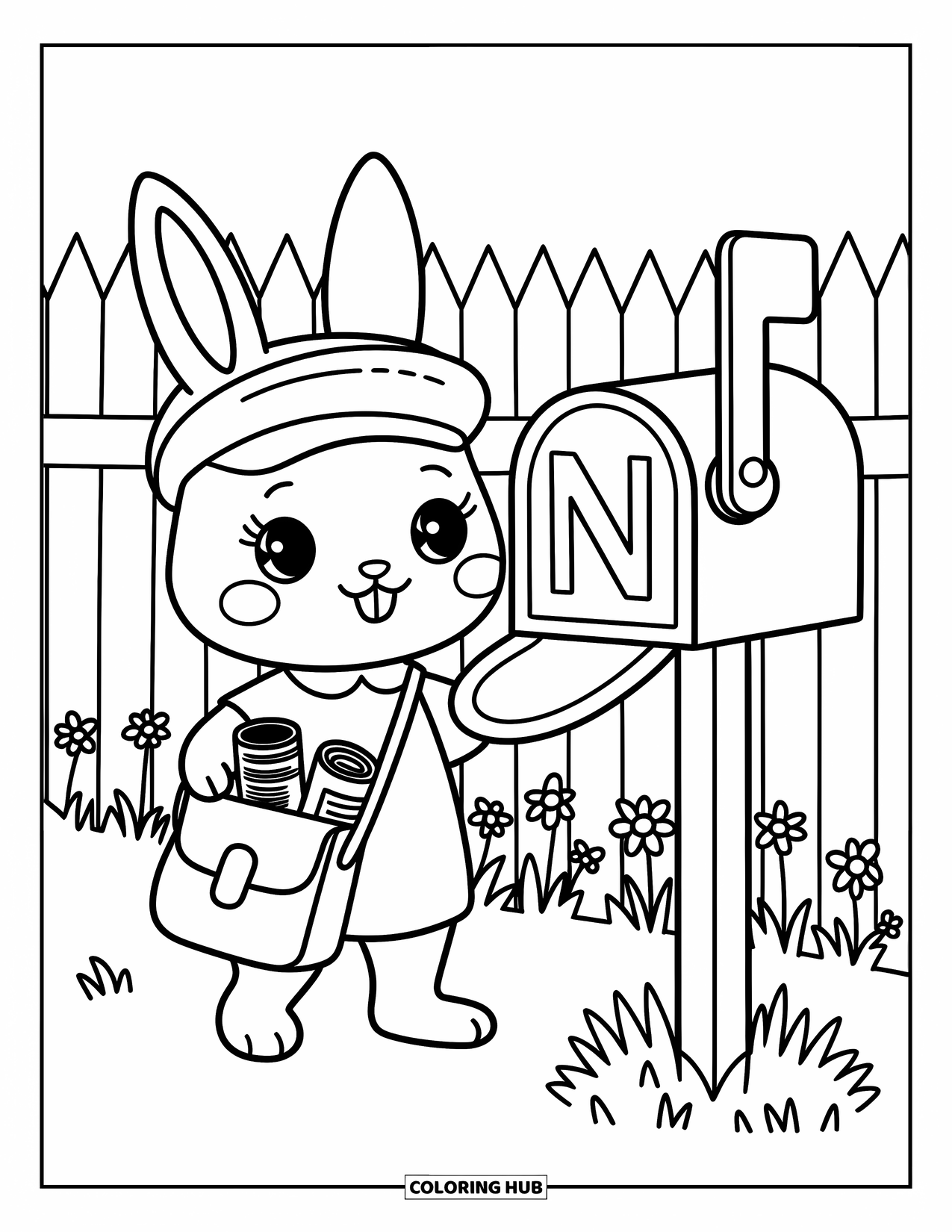 Letter N Coloring Page for Adults: A bunny mail carrier delivers beside a mailbox painted with a bold N