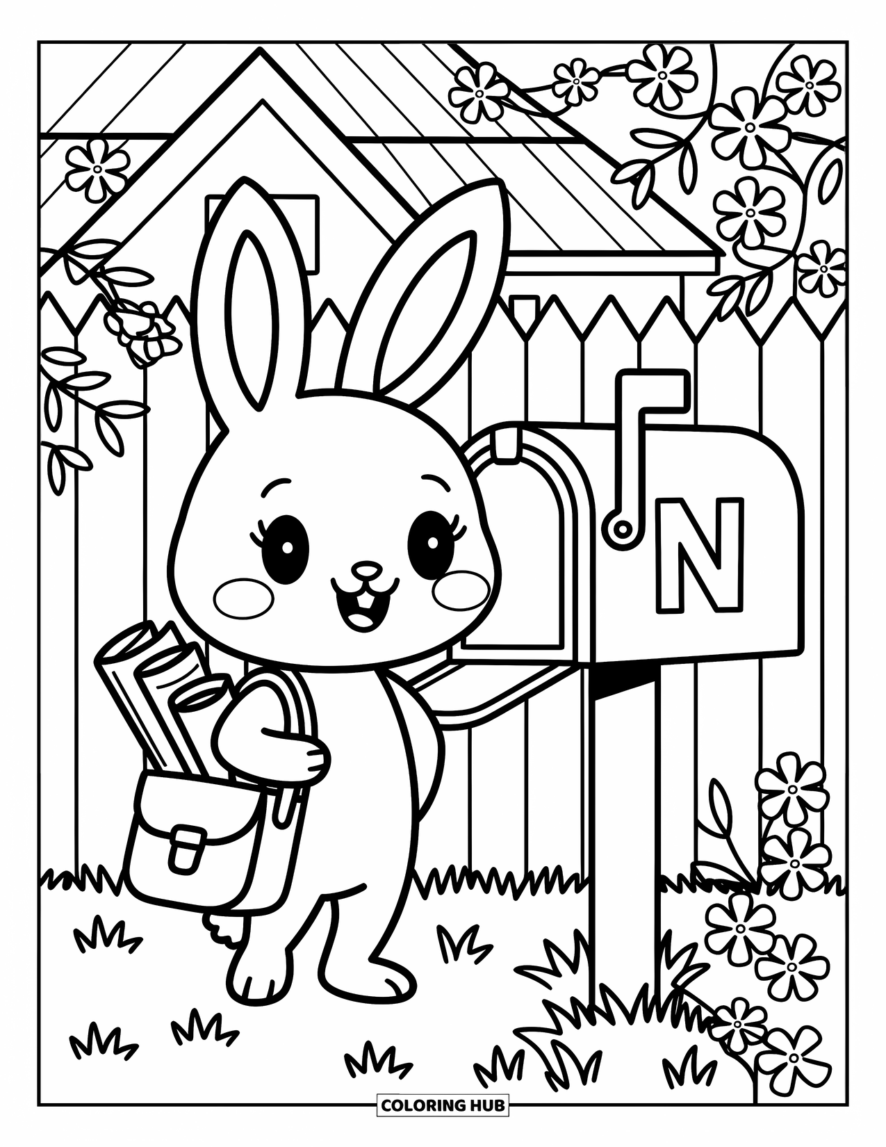 Letter N Coloring Page for Adults: A bunny with a cap and bag stands next to an N-mailbox