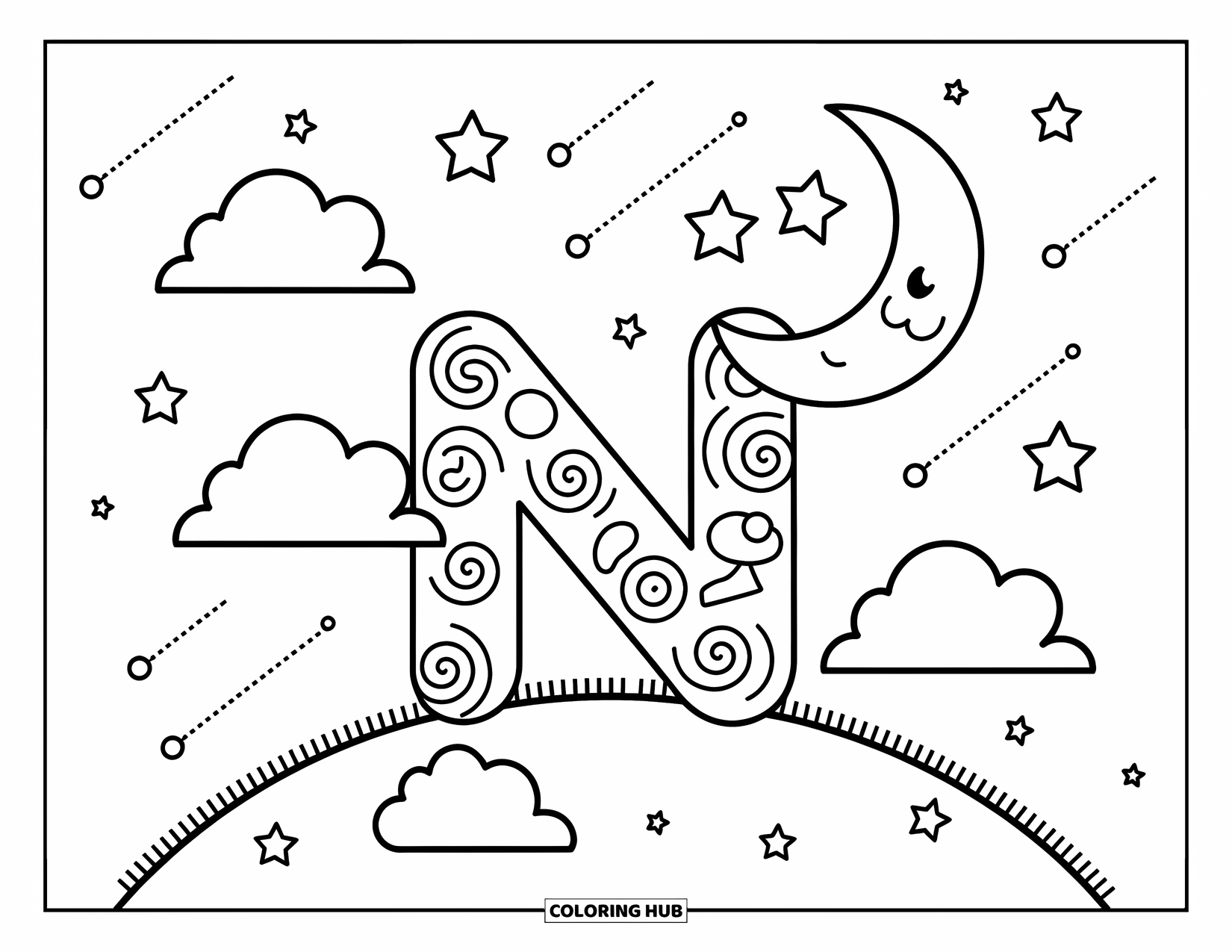 Letter N Coloring Page for Adults: A cozy N rests under the moon with stars, clouds, and shooting stars