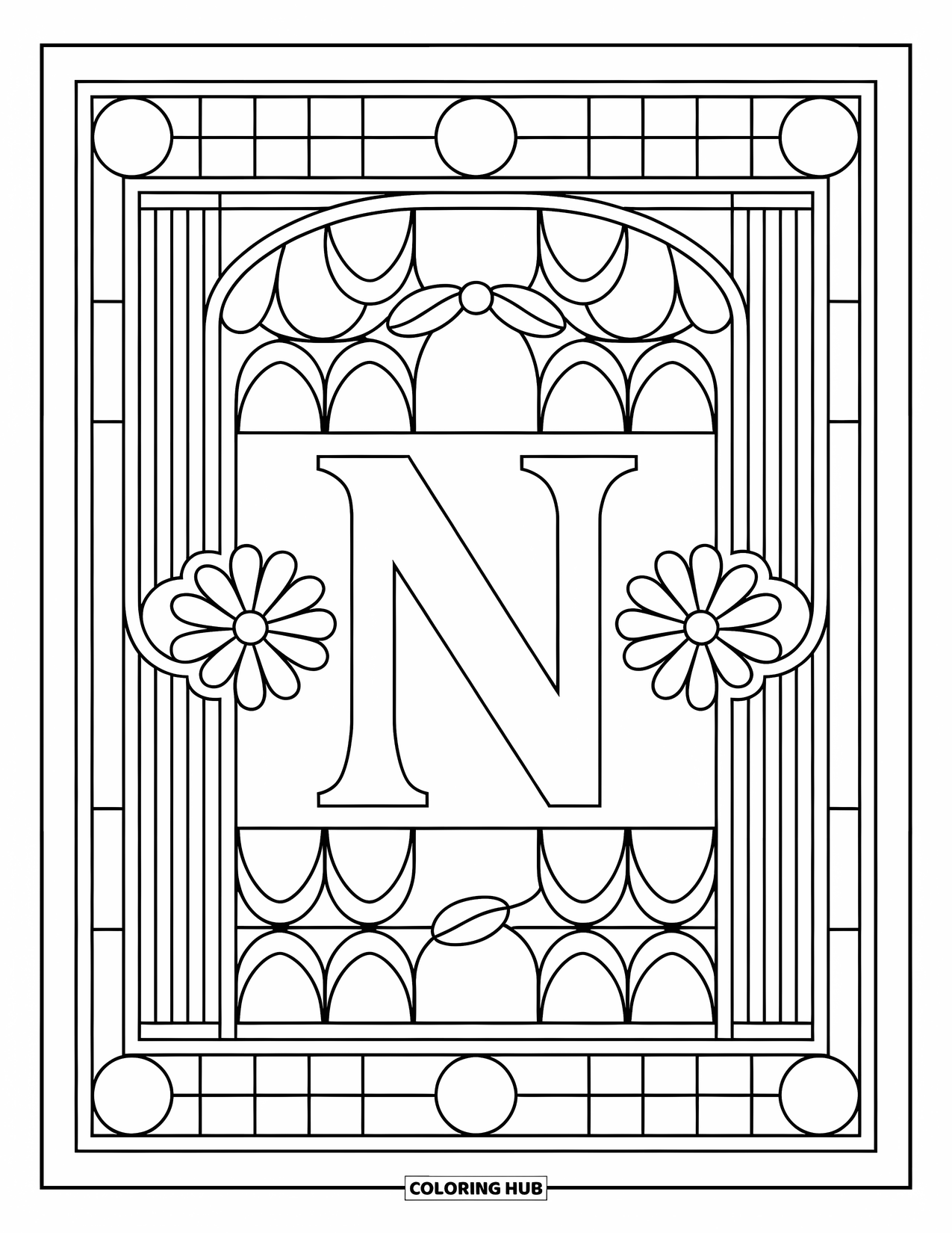 Letter N Coloring Page for Adults: A floral stained glass frame with arched panels surrounds the letter N