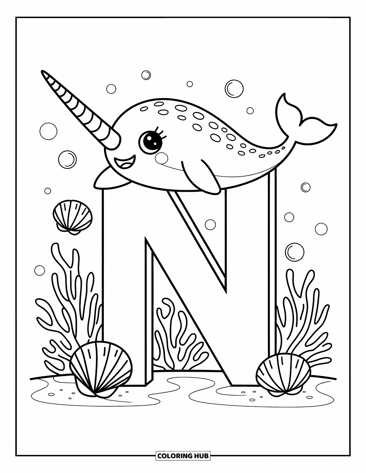 Letter N Coloring Page for Adults: A happy narwhal circles N like a reef, surrounded by coral and bubbles