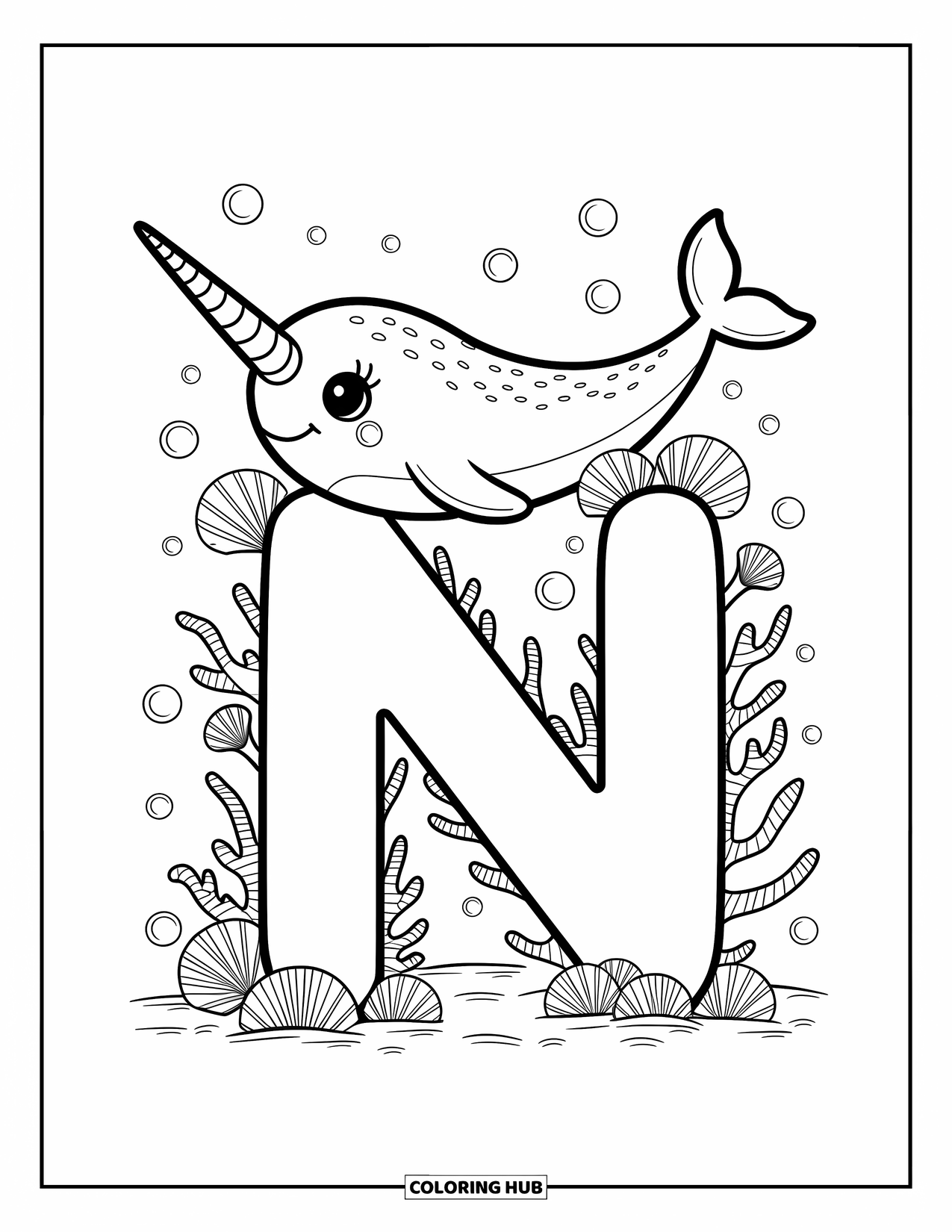 Letter N Coloring Page for Adults: A joyful narwhal swims around N decorated with shells, coral, and bubbles