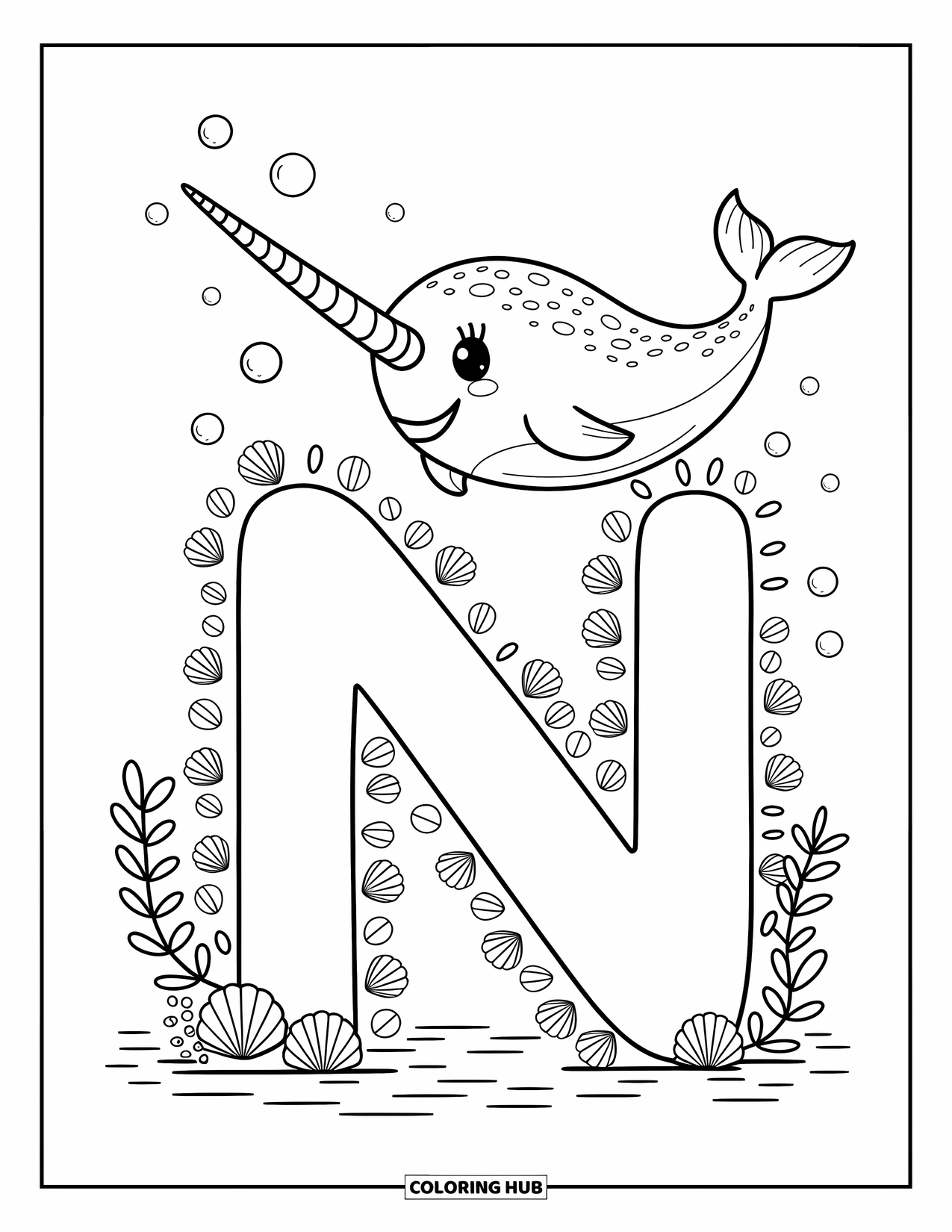 Letter N Coloring Page for Adults: A narwhal with a spiraled tusk swims around a sea-themed letter N