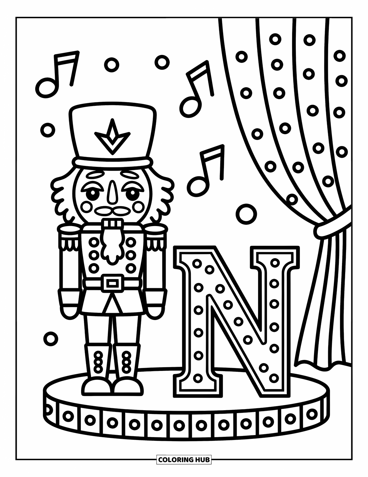 Letter N Coloring Page for Adults: A nutcracker and the letter N perform together with music and a curtain backdrop