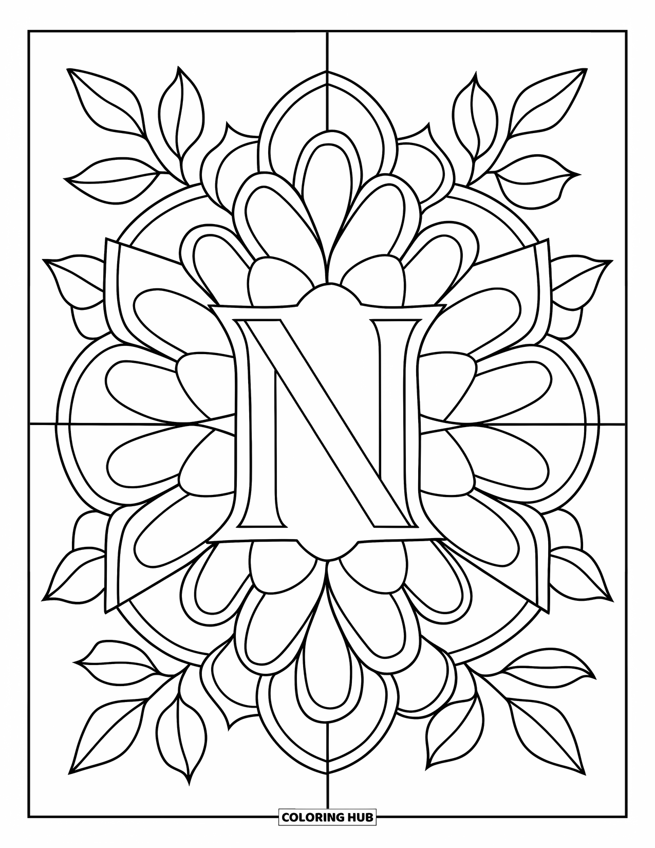 Letter N Coloring Page for Adults: A stained glass rose window with geometric petals surrounds a bold N