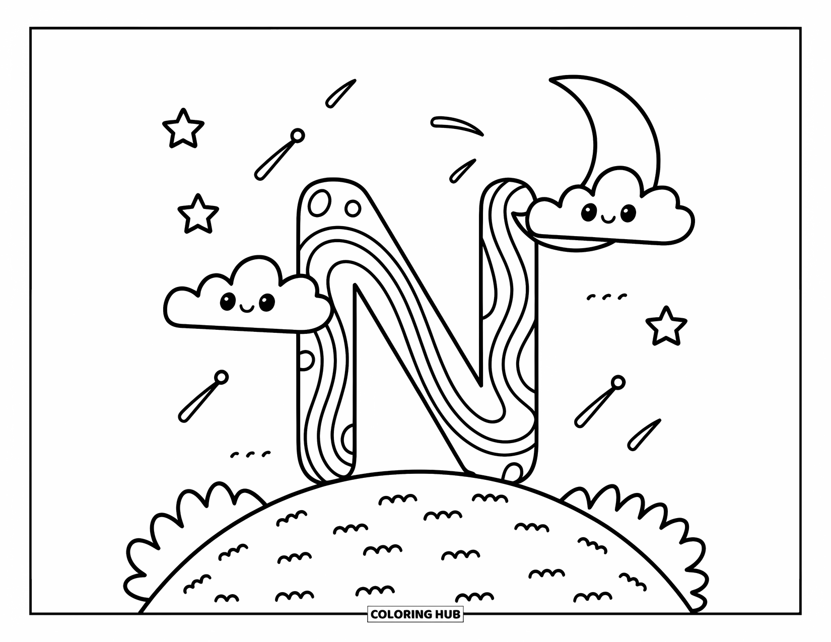 Letter N Coloring Page for Adults: A swirly N sits on a hill beneath stars and a crescent moon