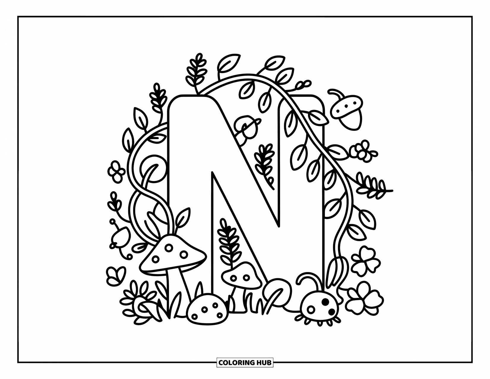 Letter N Coloring Page for Adults: A tall N stands surrounded by nature elements like mushrooms, vines, clovers, and tiny woodland critters