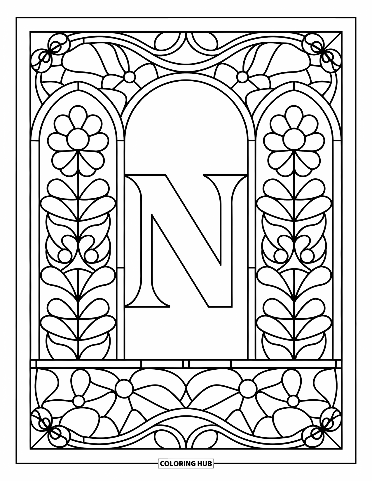 Letter N Coloring Page for Adults: Flower arches and petal grids create a stained glass border around N