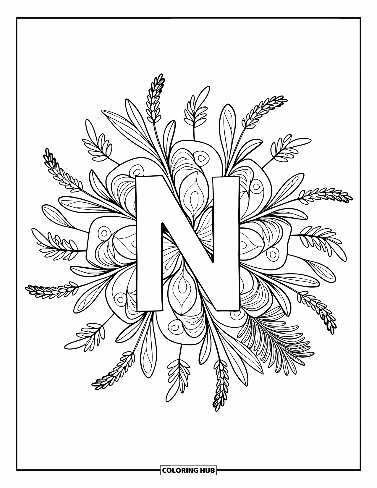 Letter N Coloring Page for Adults: Herbs like sage and lavender fill a mandala surrounding the letter N