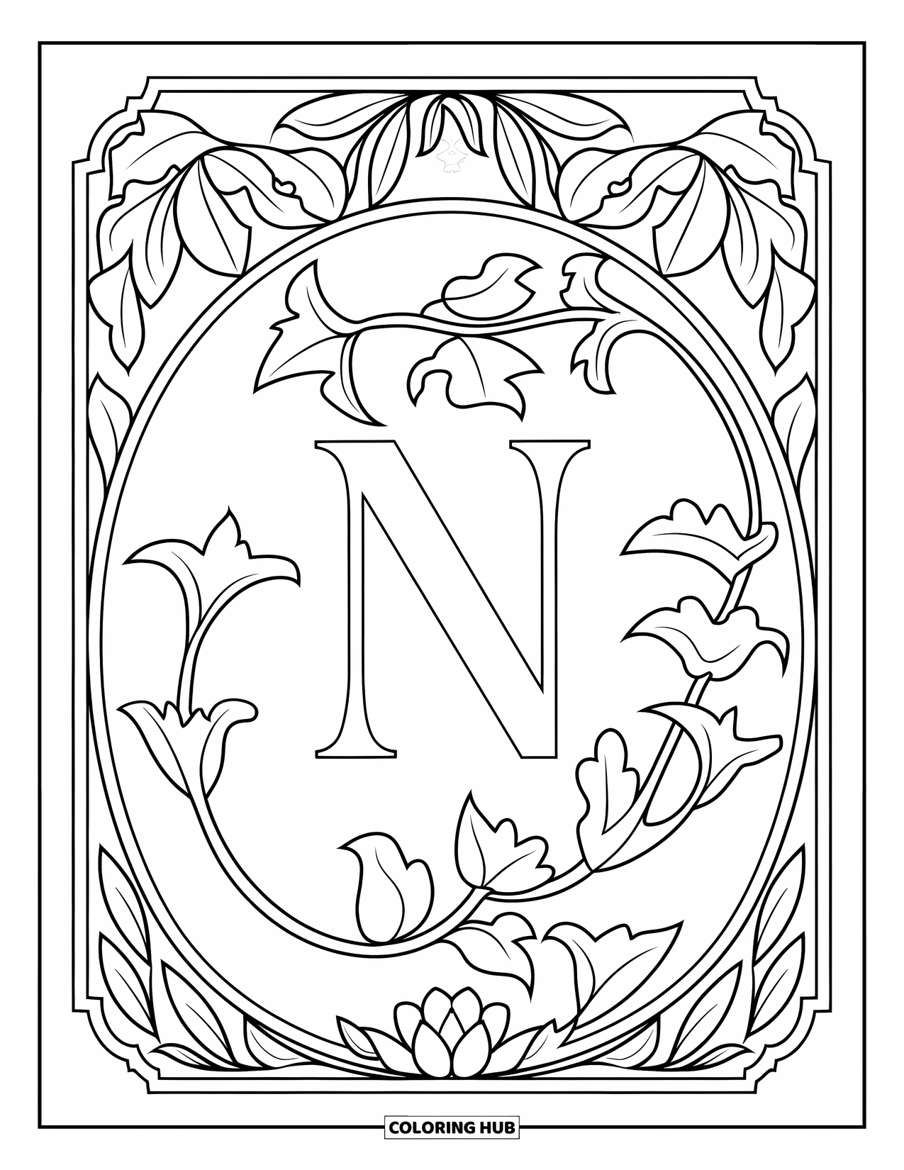 Letter N Coloring Page for Adults: Ivy and ornamented leaves swirl around a central N