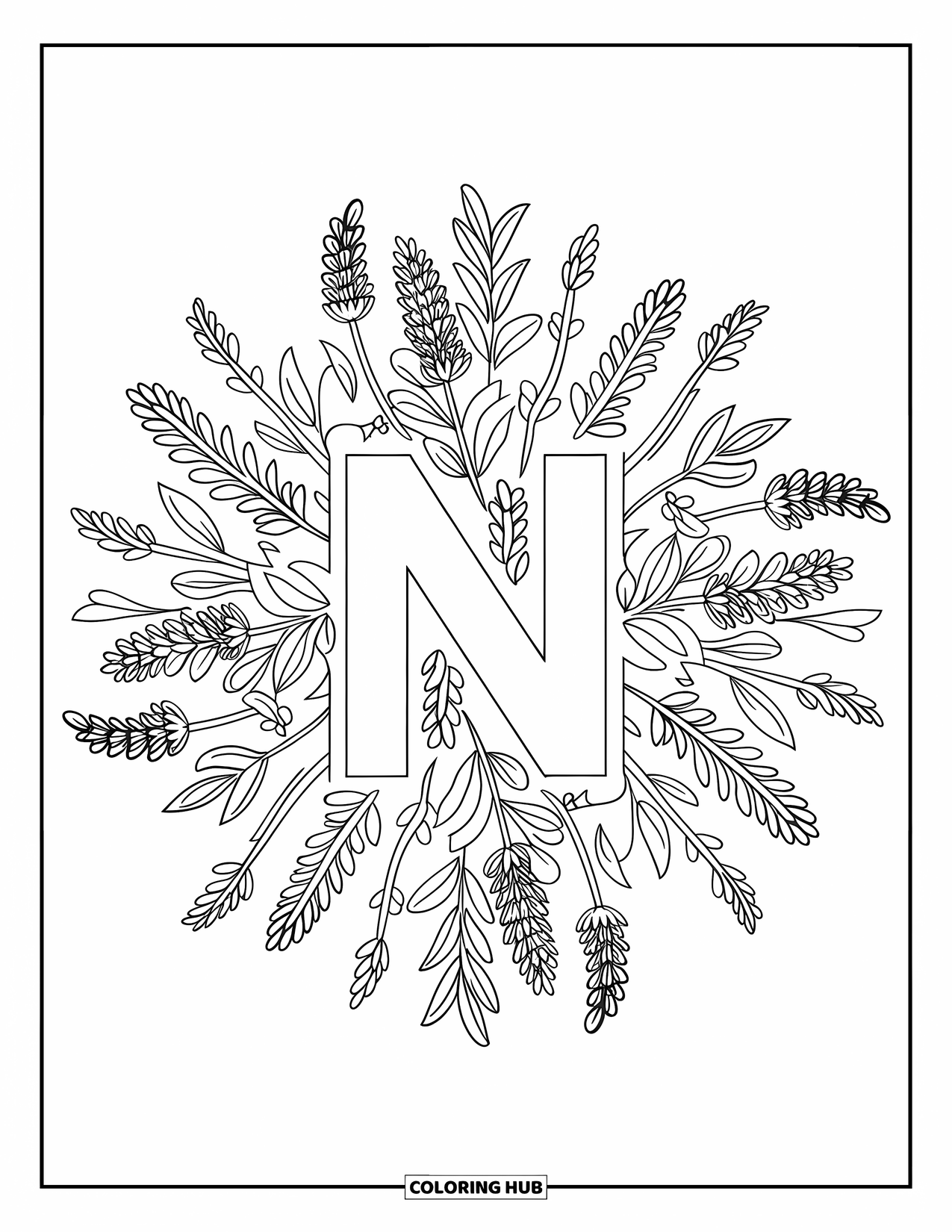 Letter N Coloring Page for Adults: Lavender, rosemary, and sage frame a peaceful mandala around the letter N