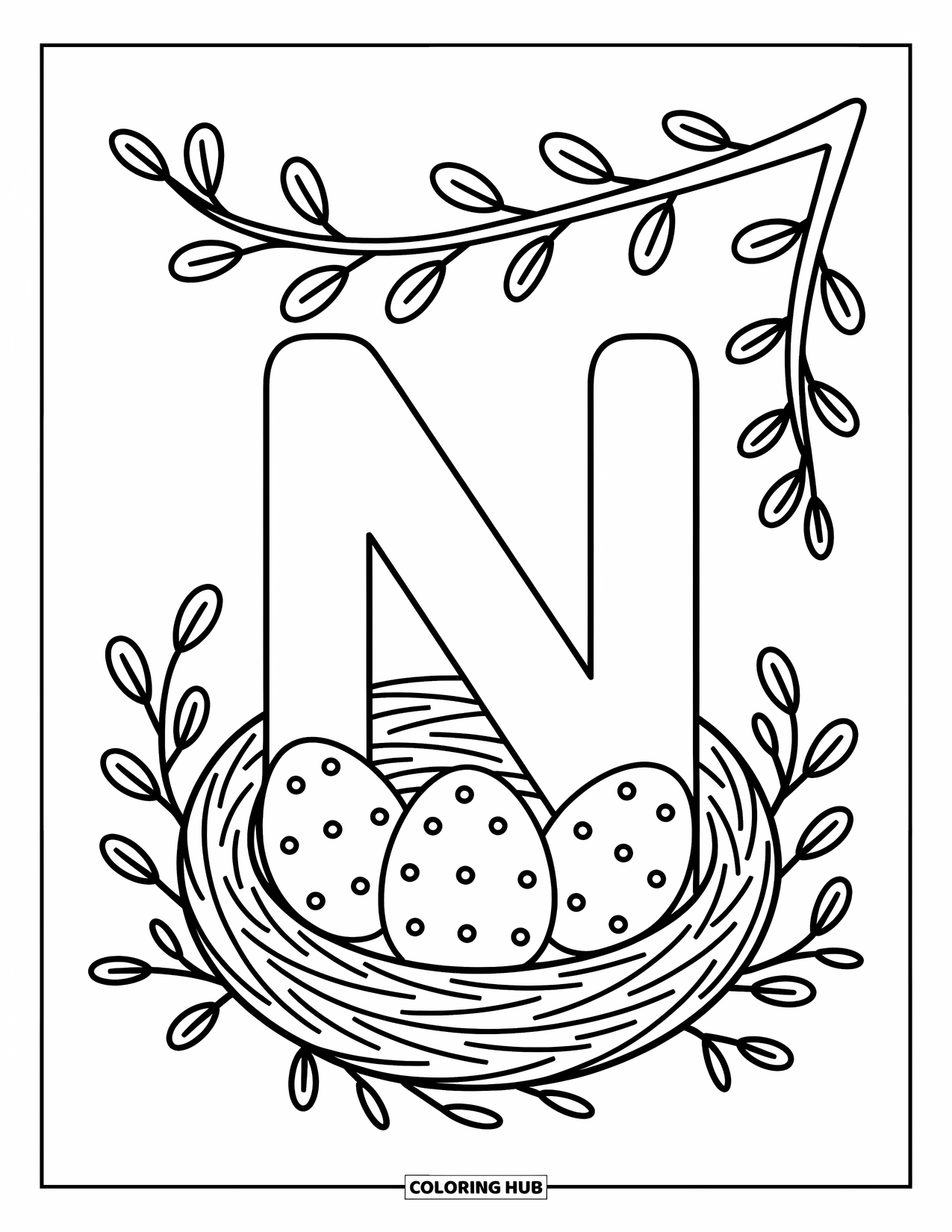 Letter N Coloring Page for Adults: N rests in a cozy nest with three tiny eggs and leafy twigs