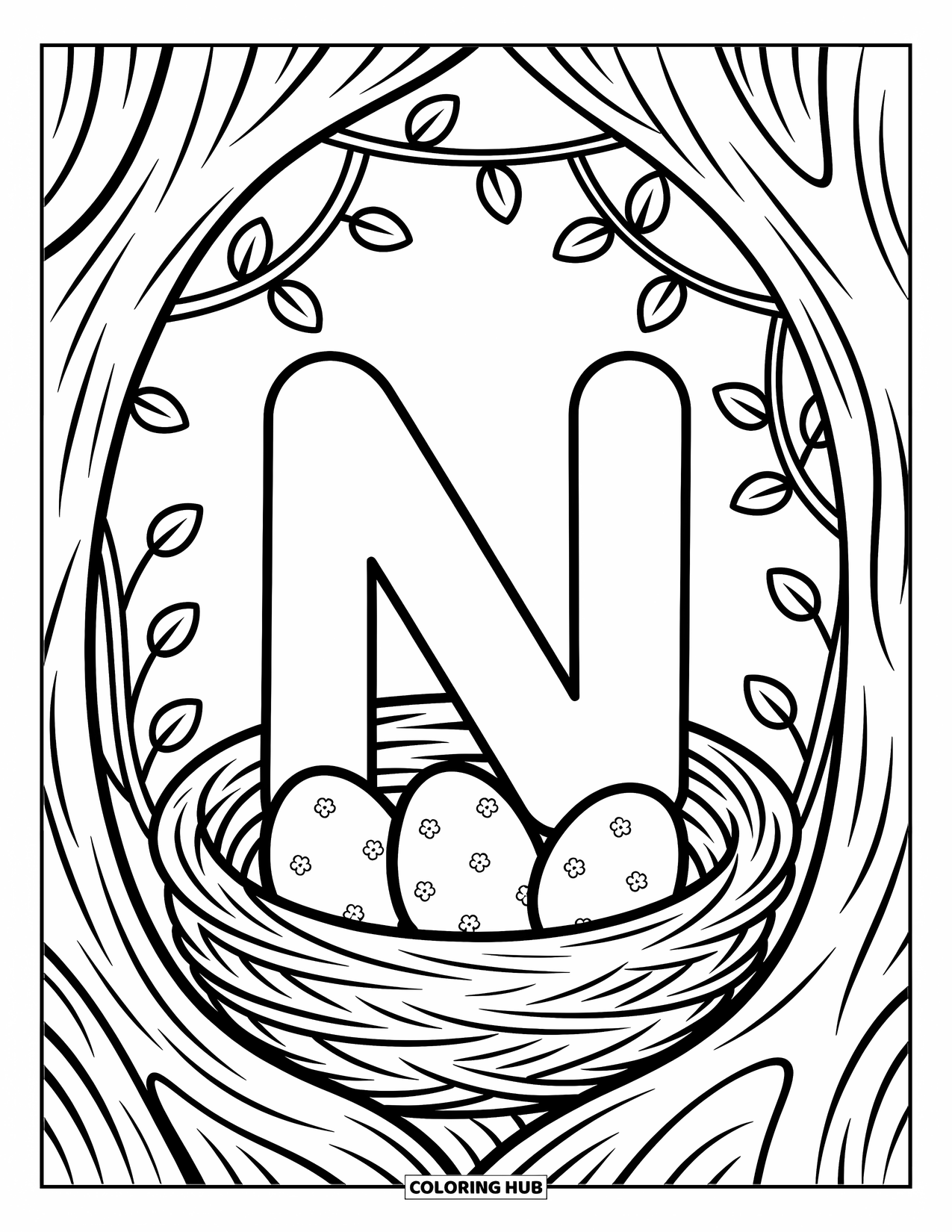 Letter N Coloring Page for Adults: N sits in a soft nest with patterned eggs and a curling branch