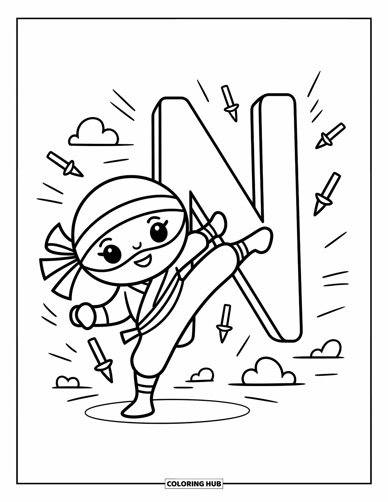 Letter N Coloring Page for Adults: N wobbles as a ninja kicks nearby with stars and smoke puffs